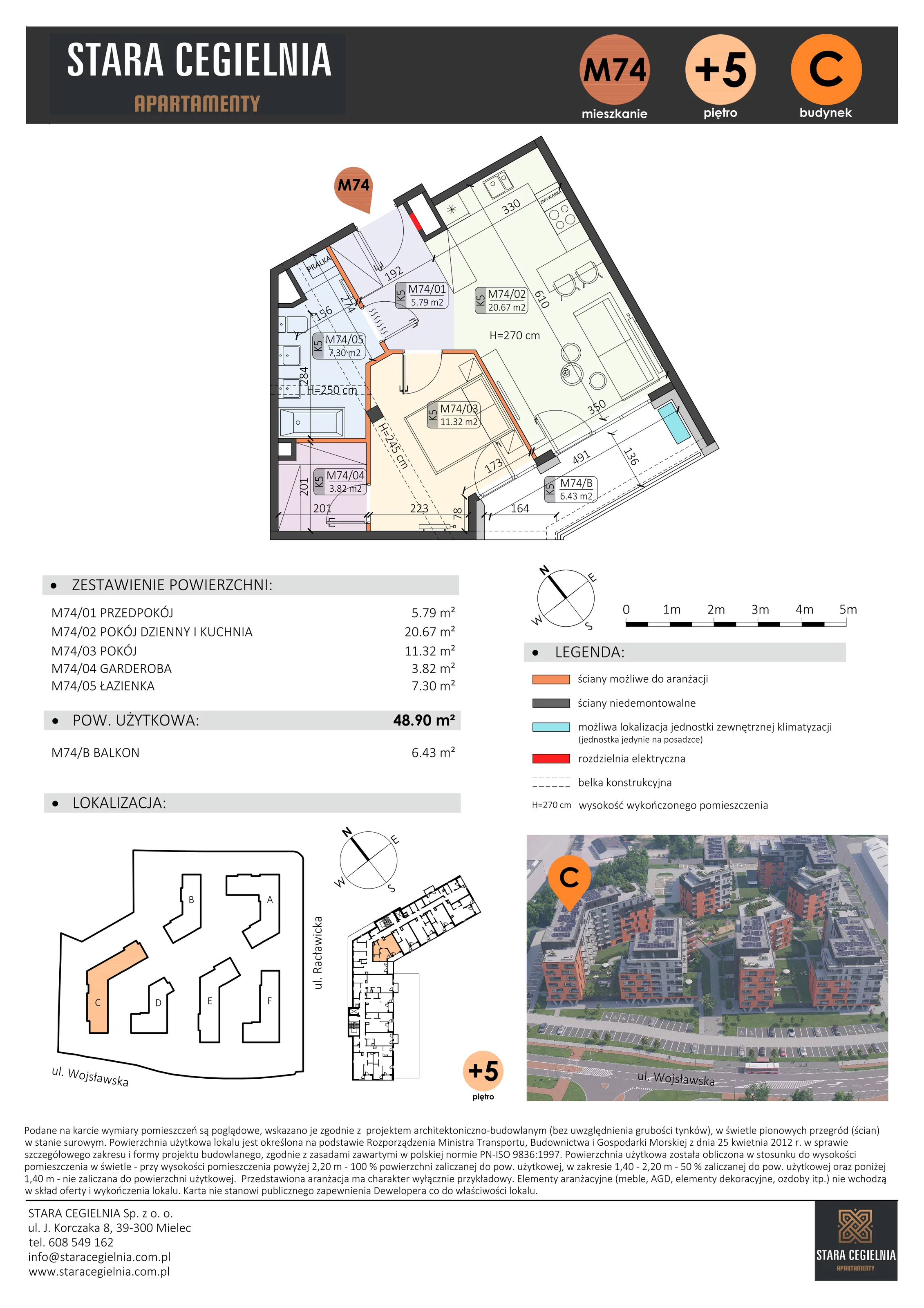 2 pokoje, mieszkanie 48,90 m², piętro 5, oferta nr C/M74/5, Stara Cegielnia etap III, Mielec, ul. Wojsławska 1