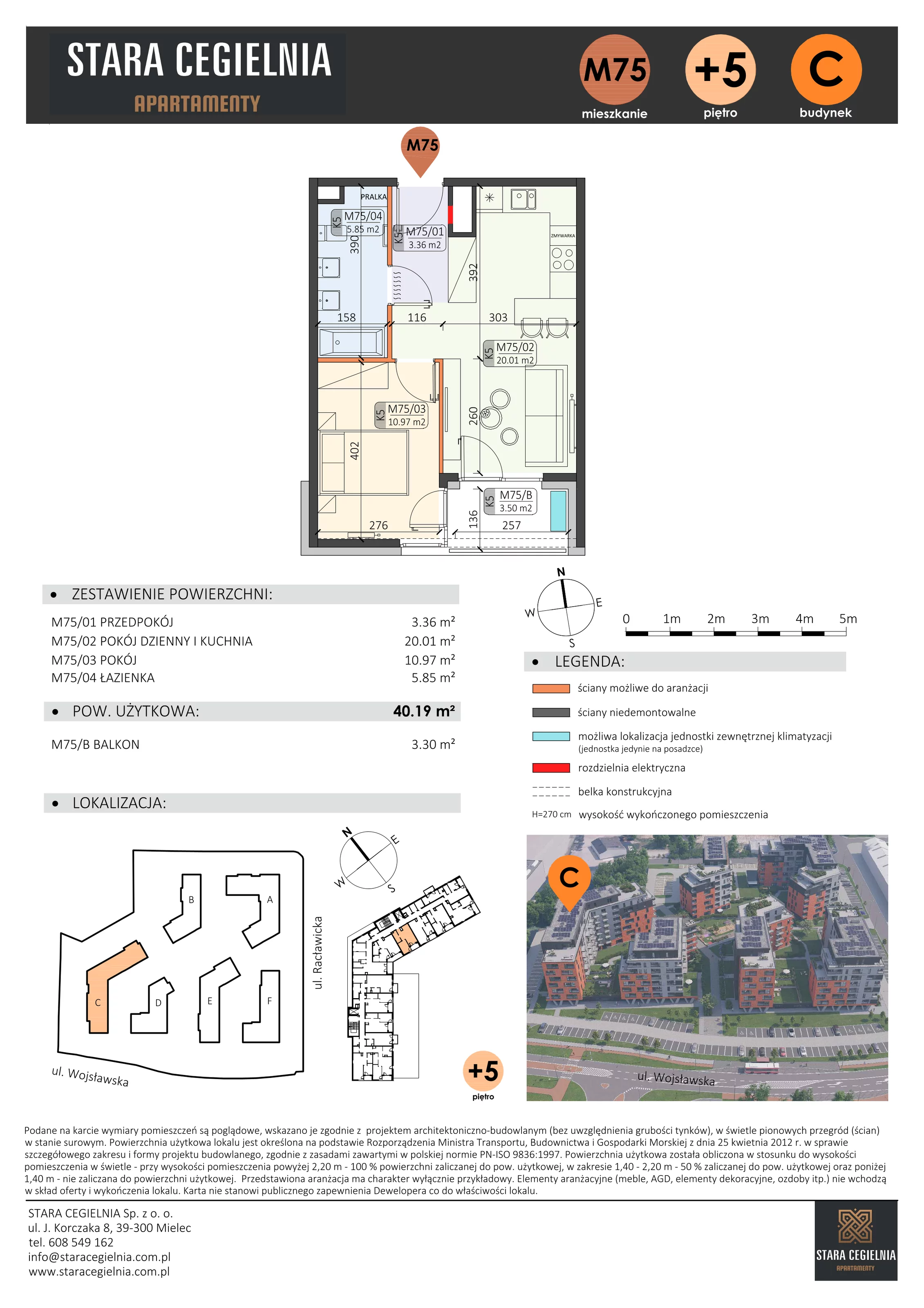 2 pokoje, mieszkanie 40,19 m², piętro 5, oferta nr C/M75/5, Stara Cegielnia etap III, Mielec, ul. Wojsławska 1