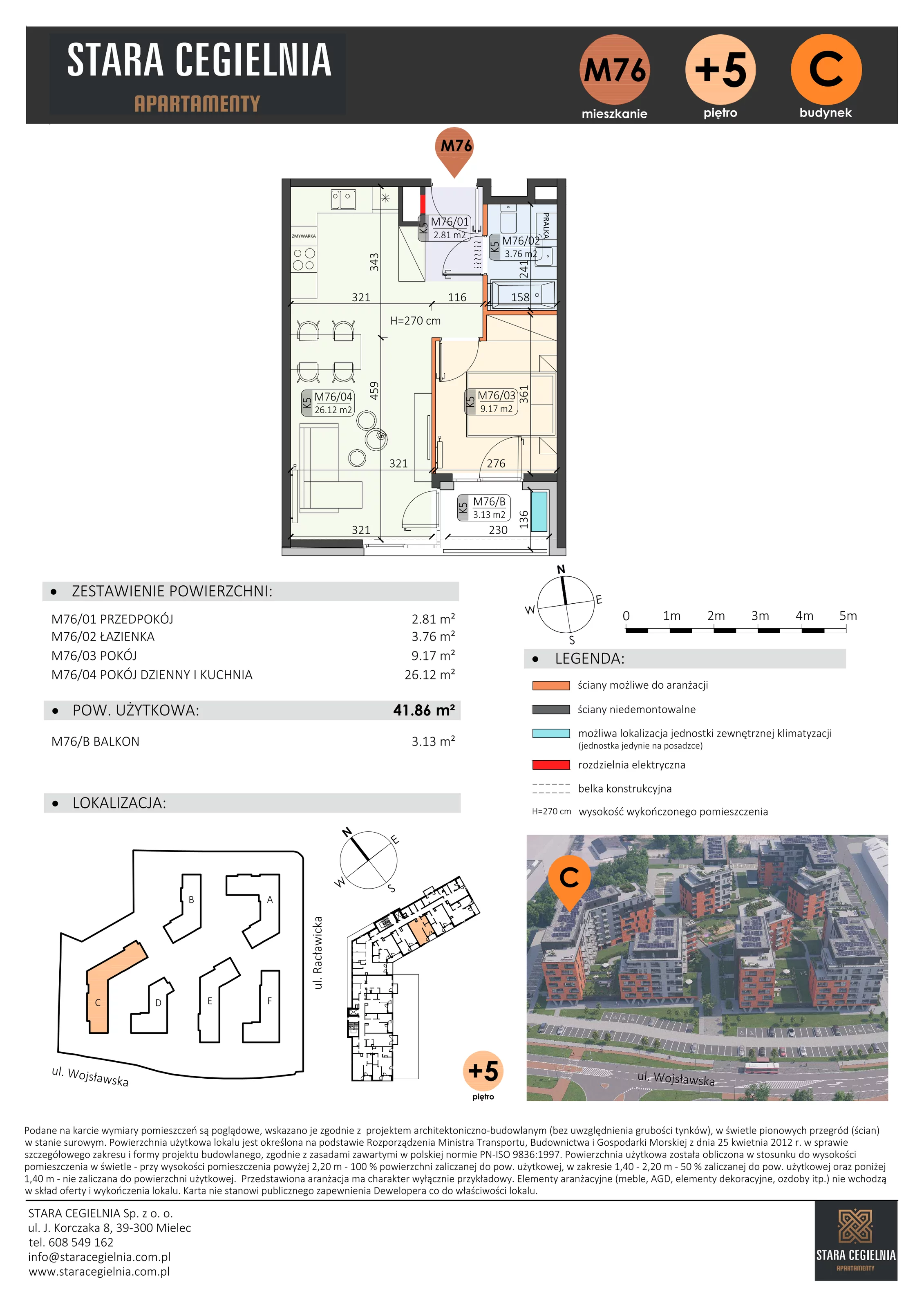 2 pokoje, mieszkanie 41,86 m², piętro 5, oferta nr C/M76/5, Stara Cegielnia etap III, Mielec, ul. Wojsławska 1