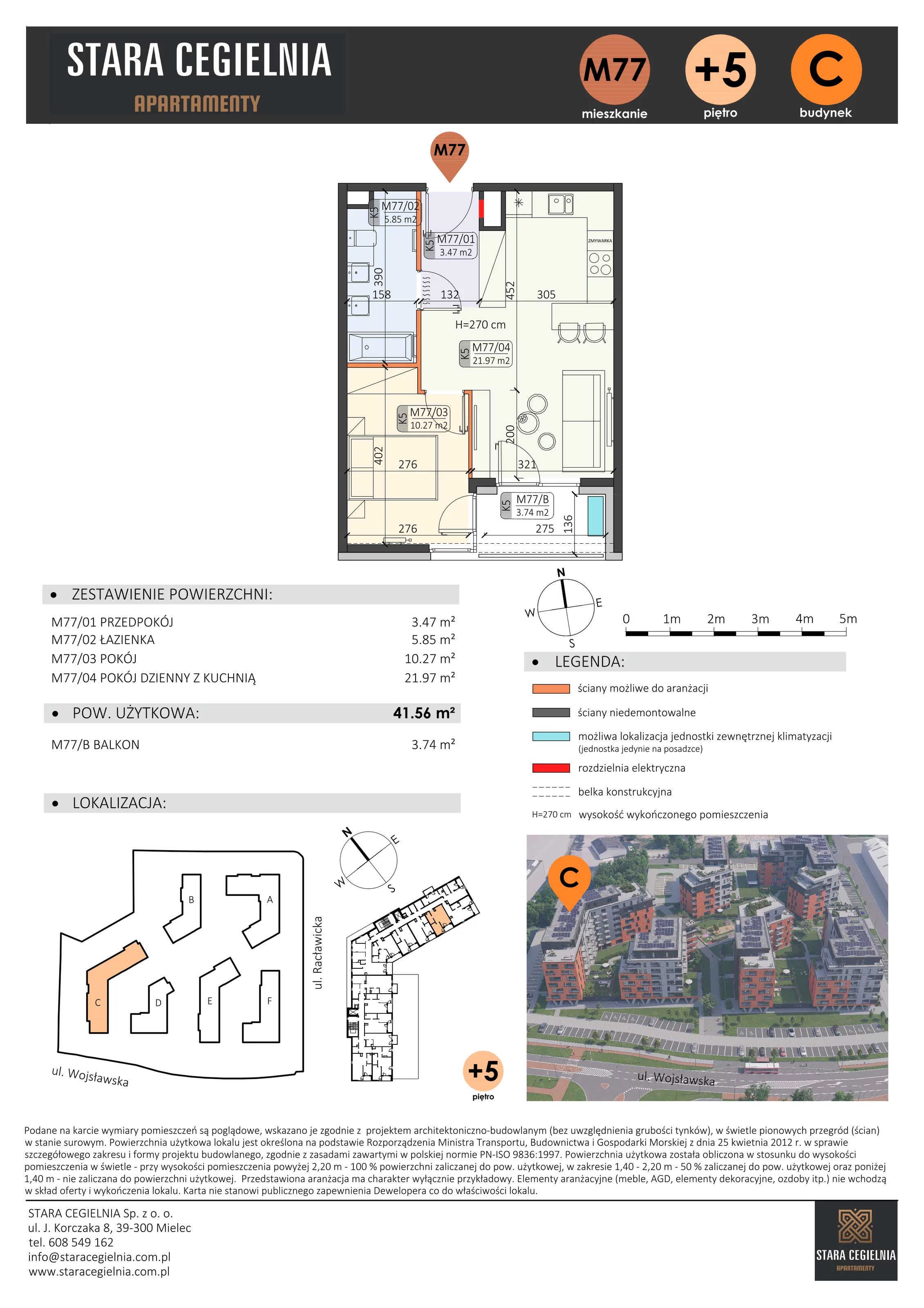 2 pokoje, mieszkanie 41,56 m², piętro 5, oferta nr C/M77/5, Stara Cegielnia etap III, Mielec, ul. Wojsławska 1