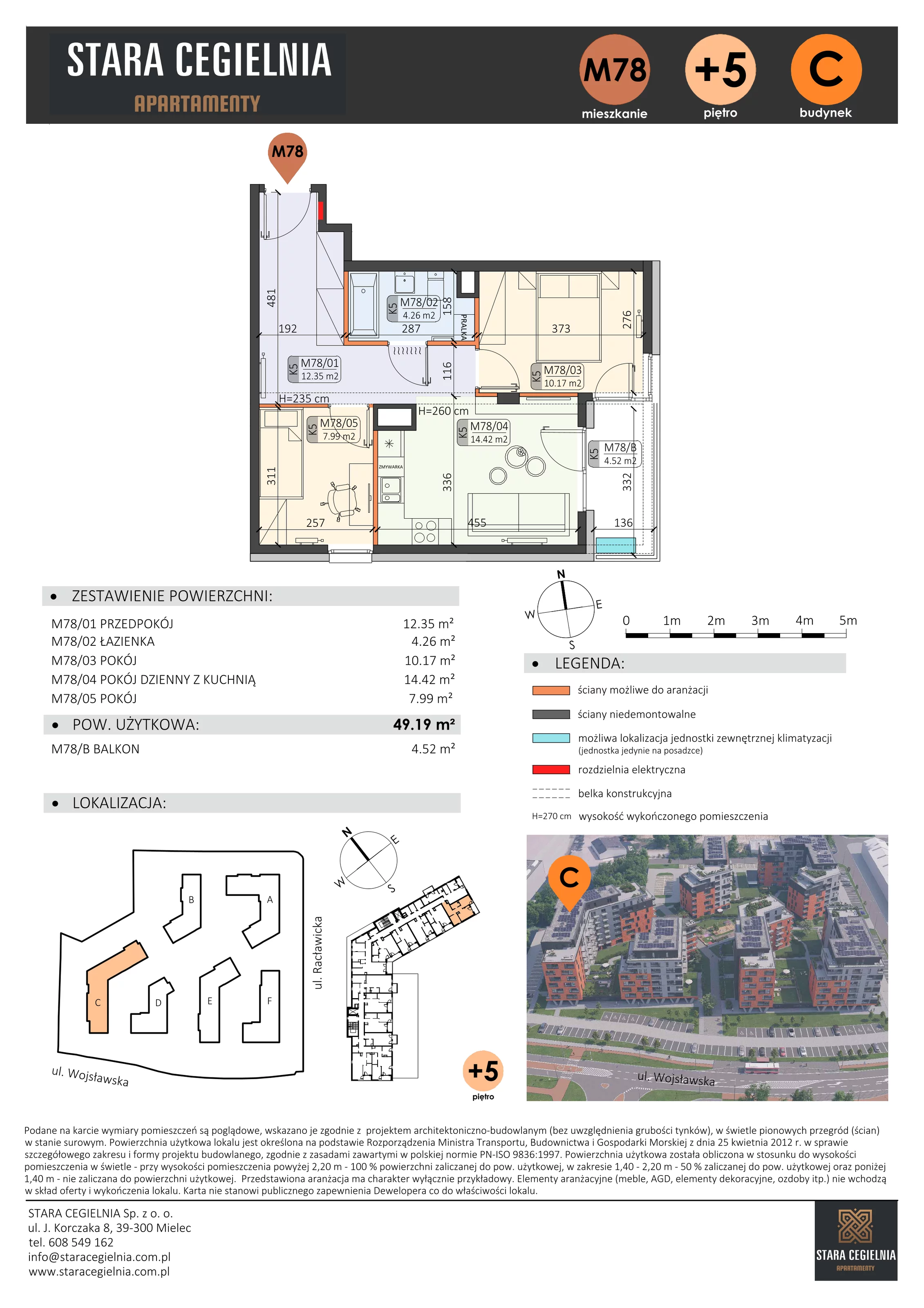 3 pokoje, mieszkanie 49,71 m², piętro 5, oferta nr C/M78/5, Stara Cegielnia etap III, Mielec, ul. Wojsławska 1