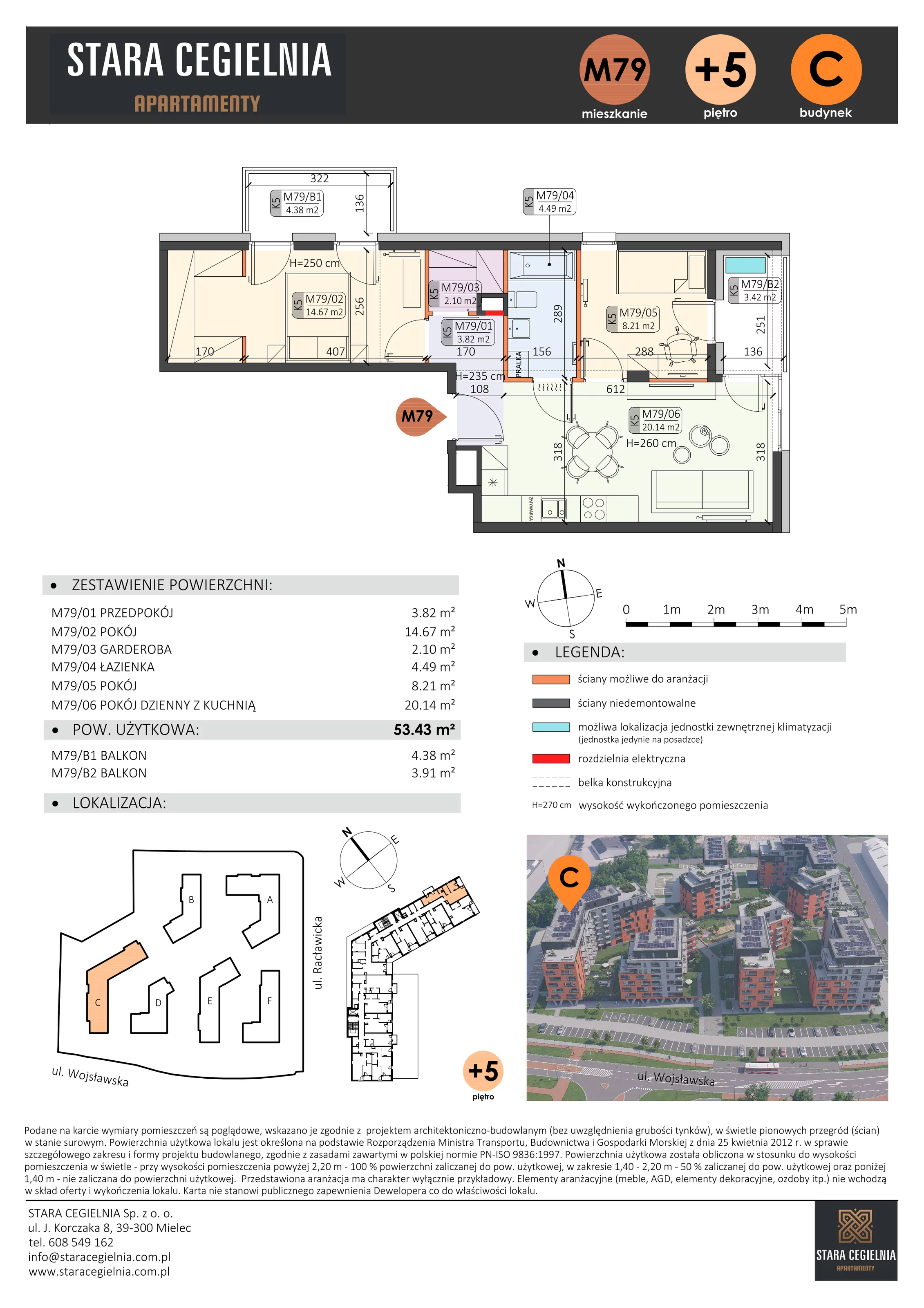 3 pokoje, mieszkanie 53,43 m², piętro 5, oferta nr C/M79/5, Stara Cegielnia etap III, Mielec, ul. Wojsławska 1
