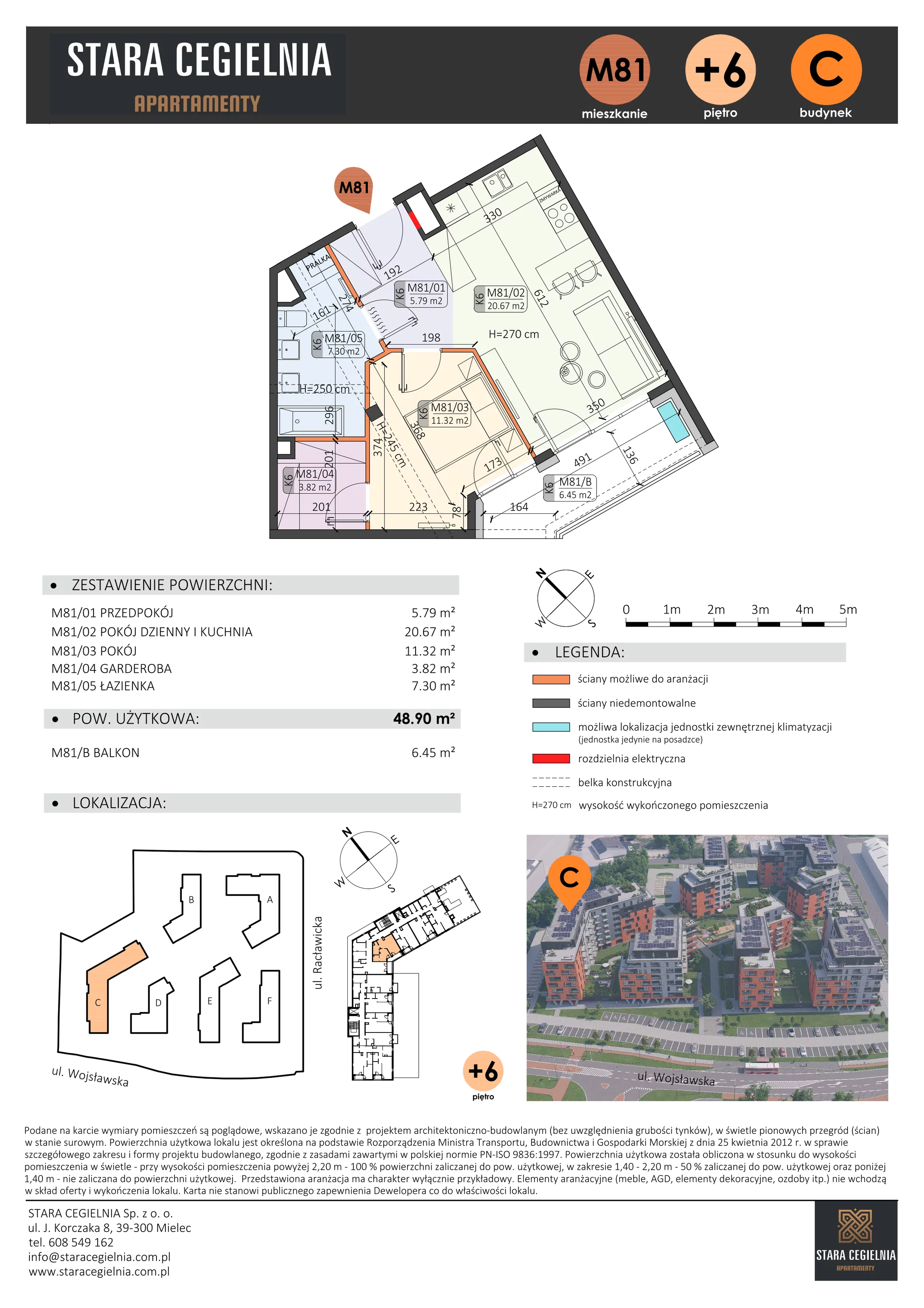 2 pokoje, mieszkanie 48,90 m², piętro 6, oferta nr C/M81/6, Stara Cegielnia etap III, Mielec, ul. Wojsławska 1