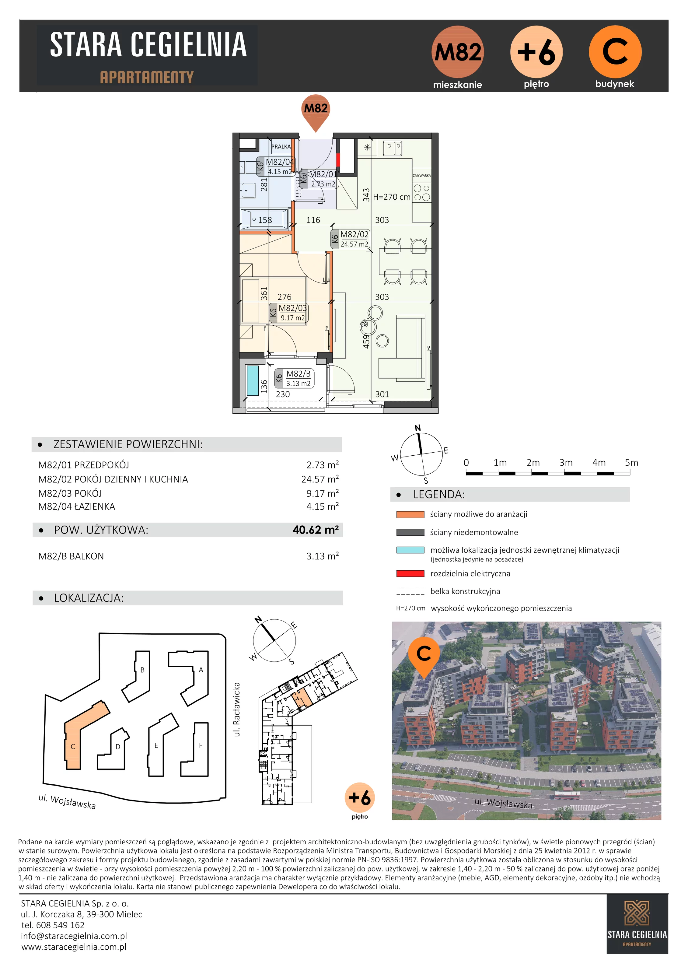 2 pokoje, mieszkanie 40,62 m², piętro 6, oferta nr C/M82/6, Stara Cegielnia etap III, Mielec, ul. Wojsławska 1