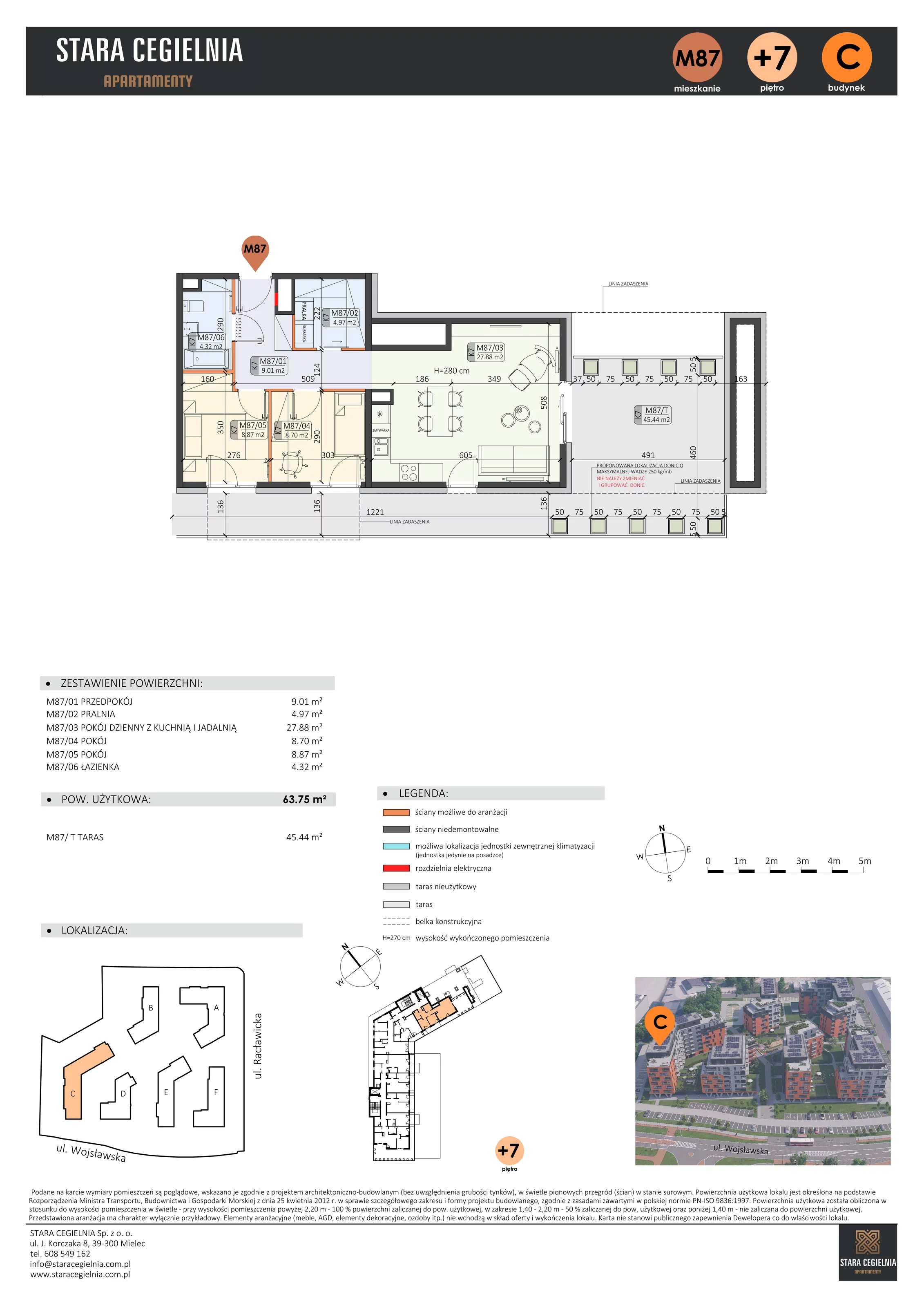 3 pokoje, mieszkanie 63,75 m², piętro 7, oferta nr C/M87/7, Stara Cegielnia etap III, Mielec, ul. Wojsławska 1