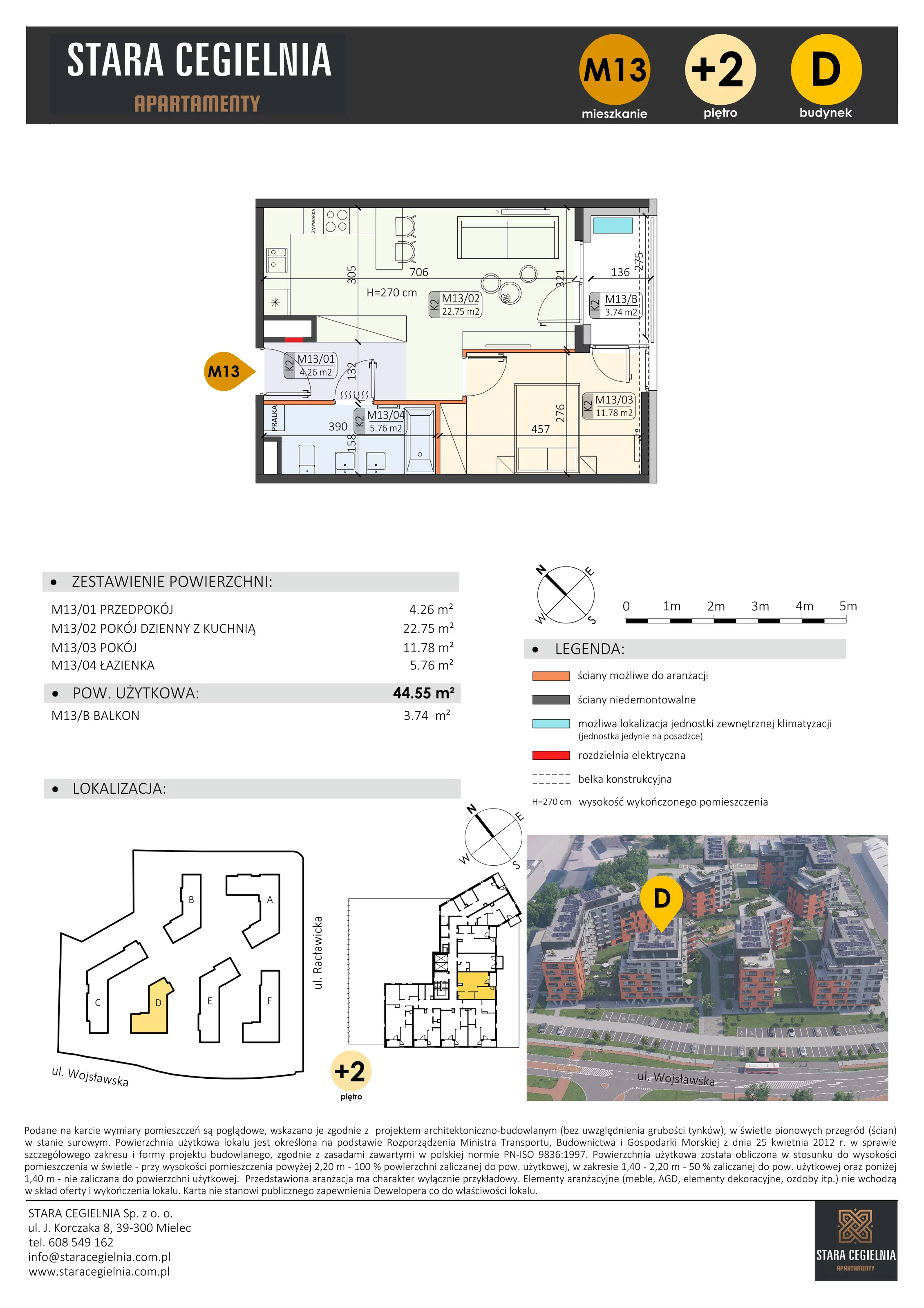 2 pokoje, mieszkanie 44,55 m², piętro 2, oferta nr D/M13/2, Stara Cegielnia etap III, Mielec, ul. Wojsławska 1