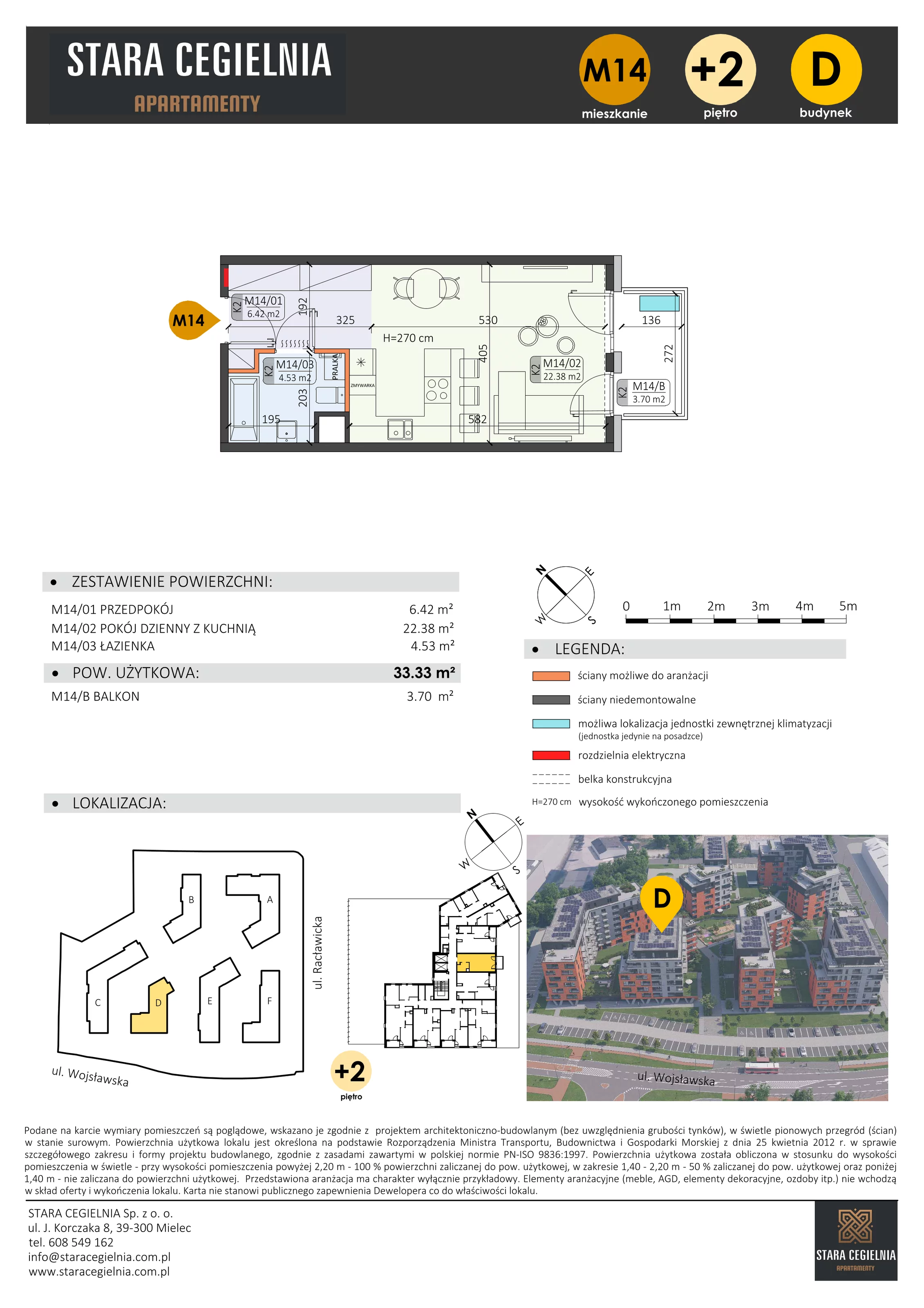 1 pokój, mieszkanie 33,33 m², piętro 2, oferta nr D/M14/2, Stara Cegielnia etap III, Mielec, ul. Wojsławska 1