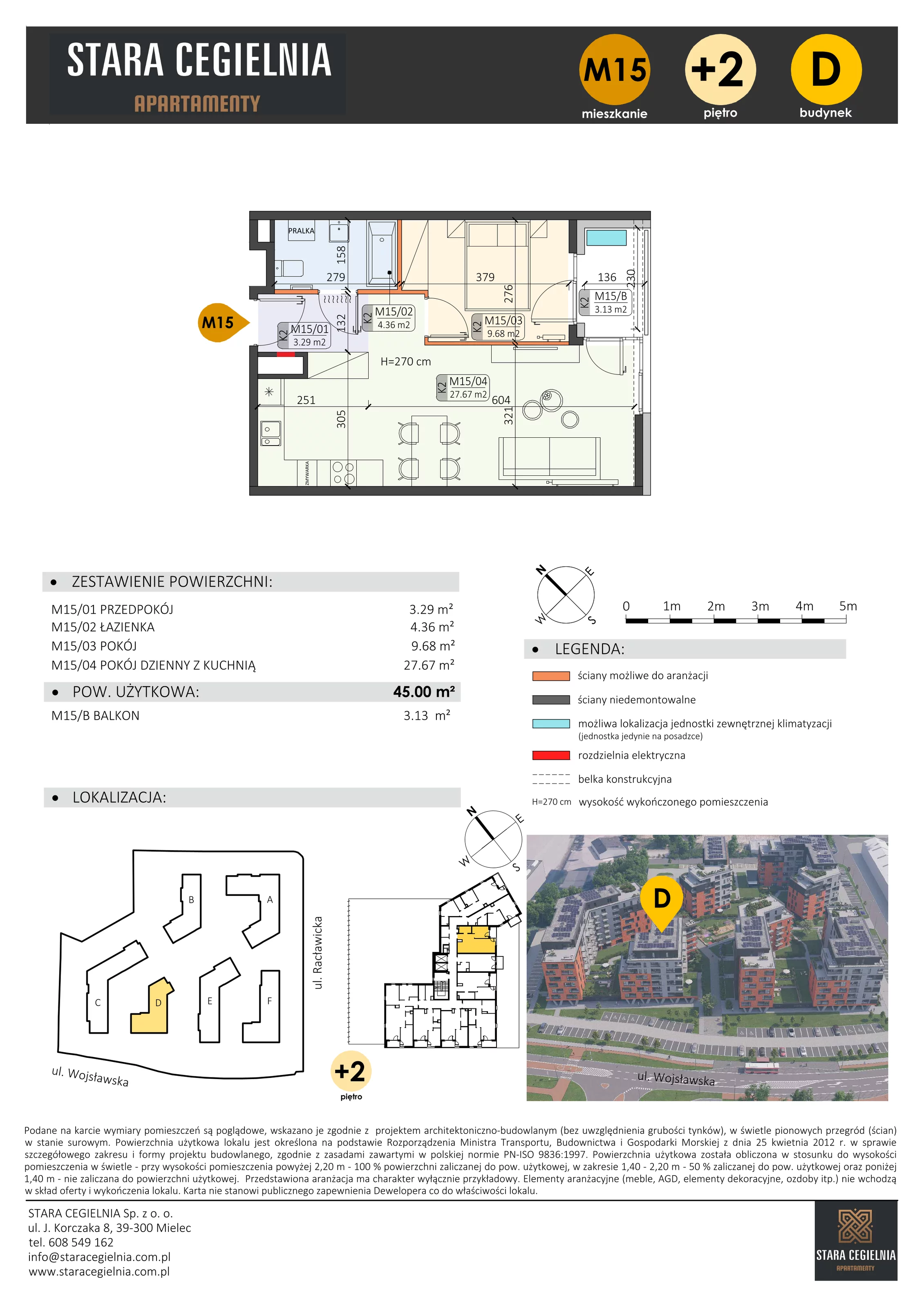 2 pokoje, mieszkanie 45,00 m², piętro 2, oferta nr D/M15/2, Stara Cegielnia etap III, Mielec, ul. Wojsławska 1
