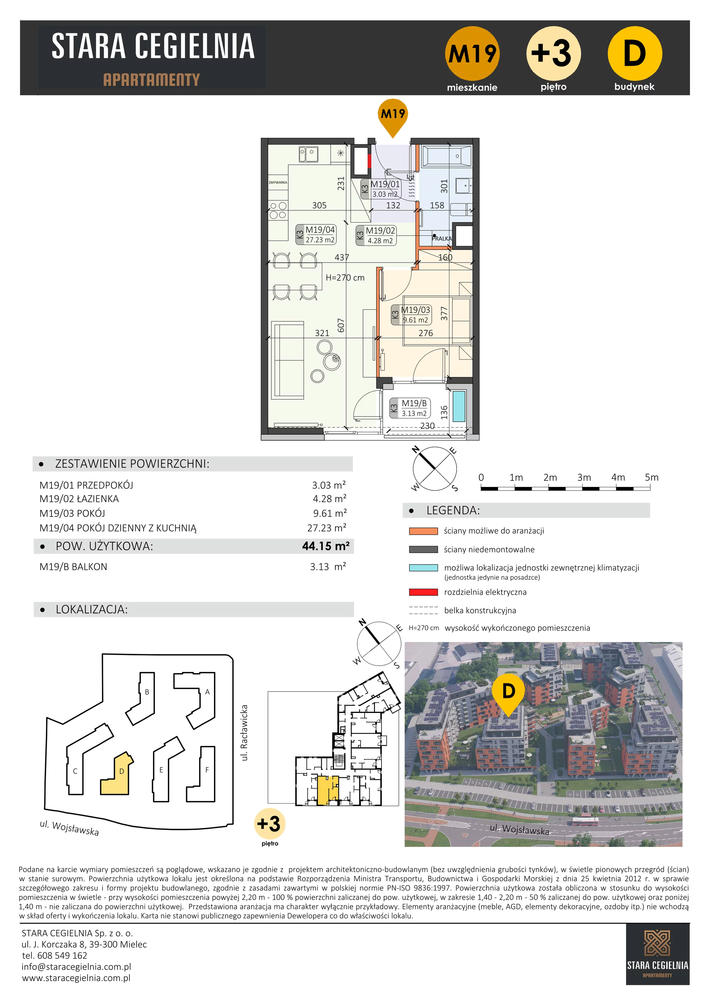 2 pokoje, mieszkanie 44,15 m², piętro 3, oferta nr D/M19/3, Stara Cegielnia etap III, Mielec, ul. Wojsławska 1