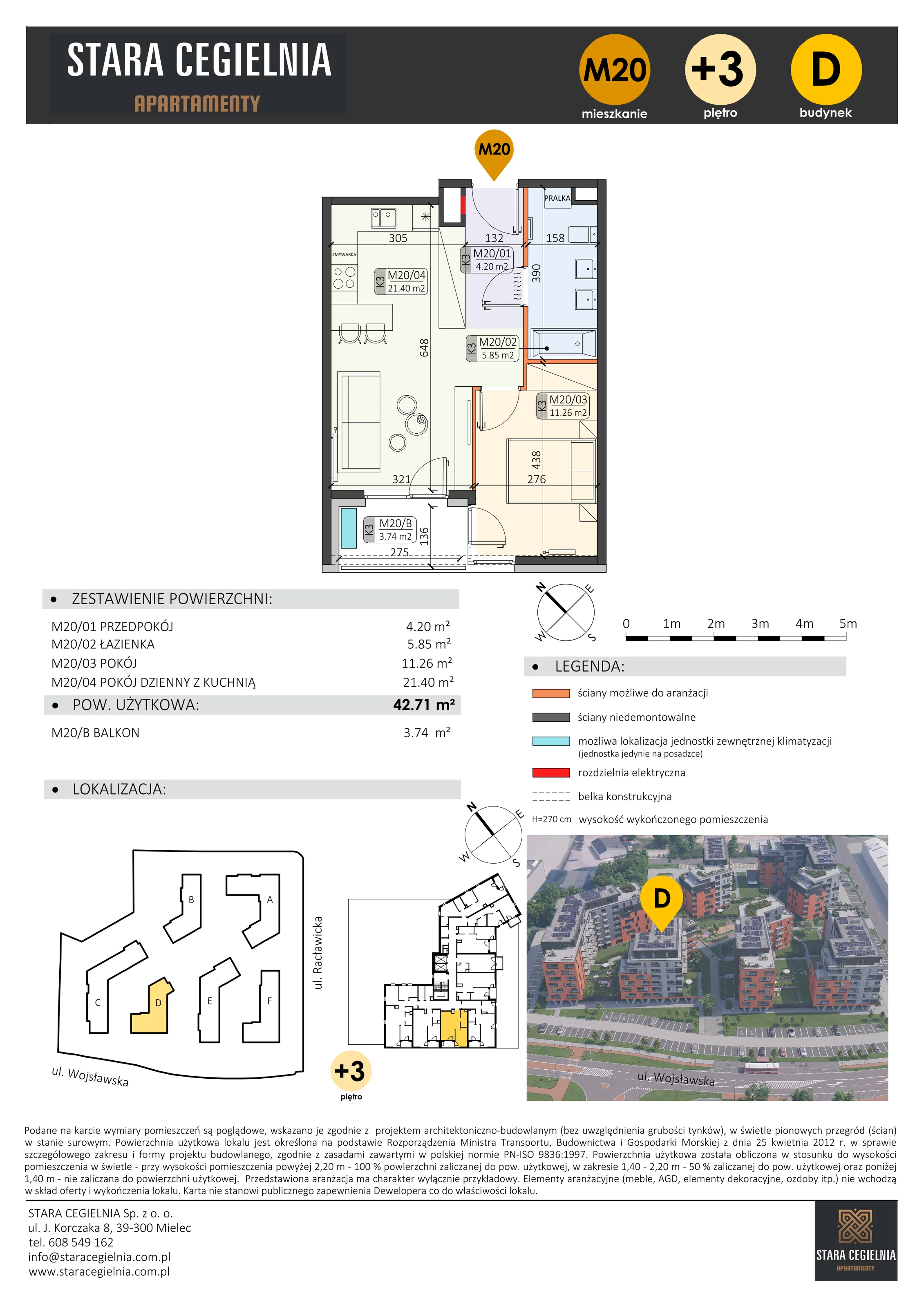2 pokoje, mieszkanie 42,71 m², piętro 3, oferta nr D/M20/3, Stara Cegielnia etap III, Mielec, ul. Wojsławska 1