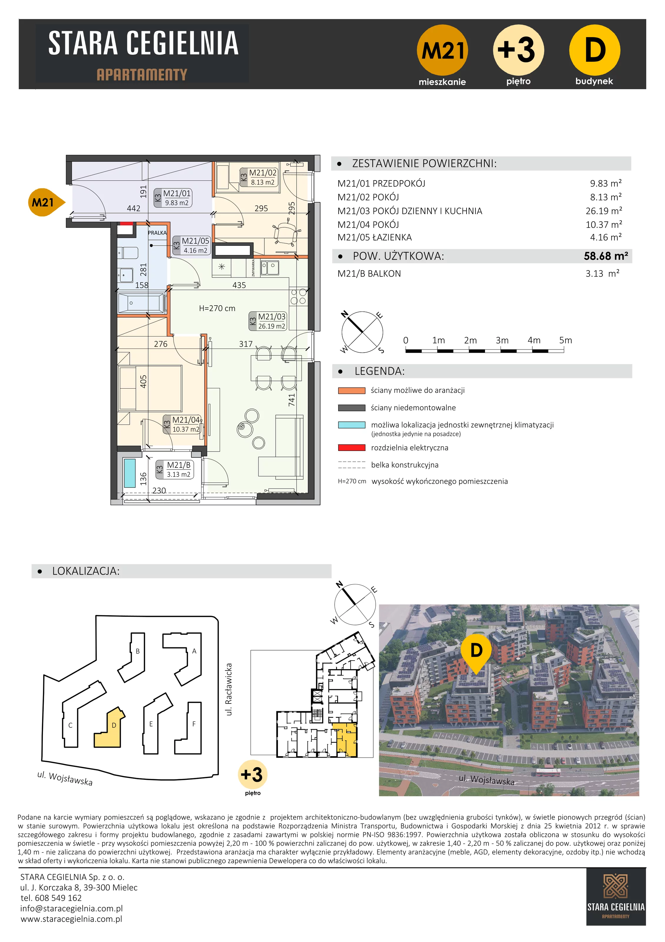 3 pokoje, mieszkanie 58,68 m², piętro 3, oferta nr D/M21/3, Stara Cegielnia etap III, Mielec, ul. Wojsławska 1