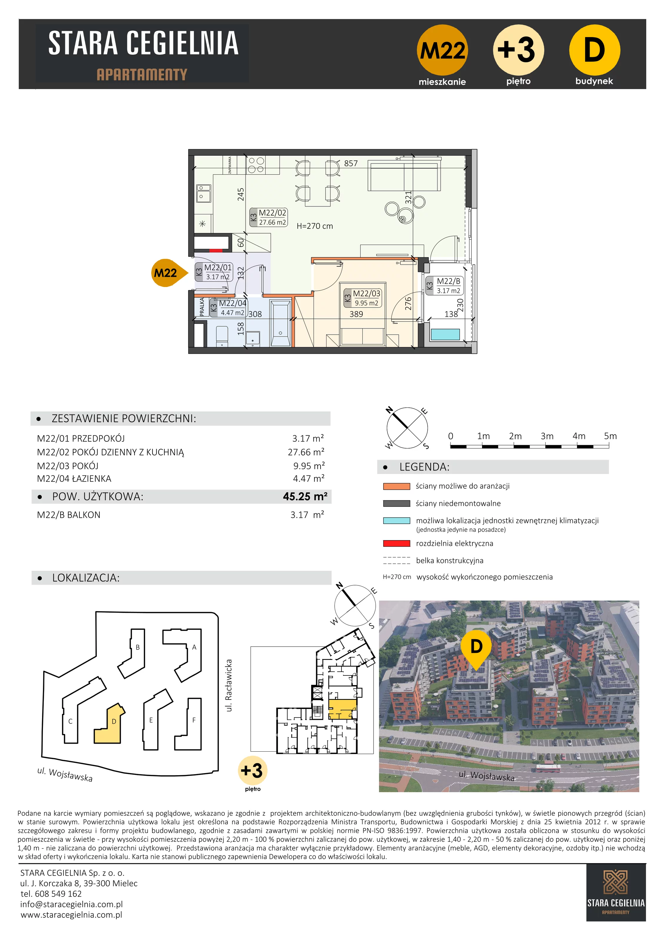 2 pokoje, mieszkanie 45,25 m², piętro 3, oferta nr D/M22/3, Stara Cegielnia etap III, Mielec, ul. Wojsławska 1
