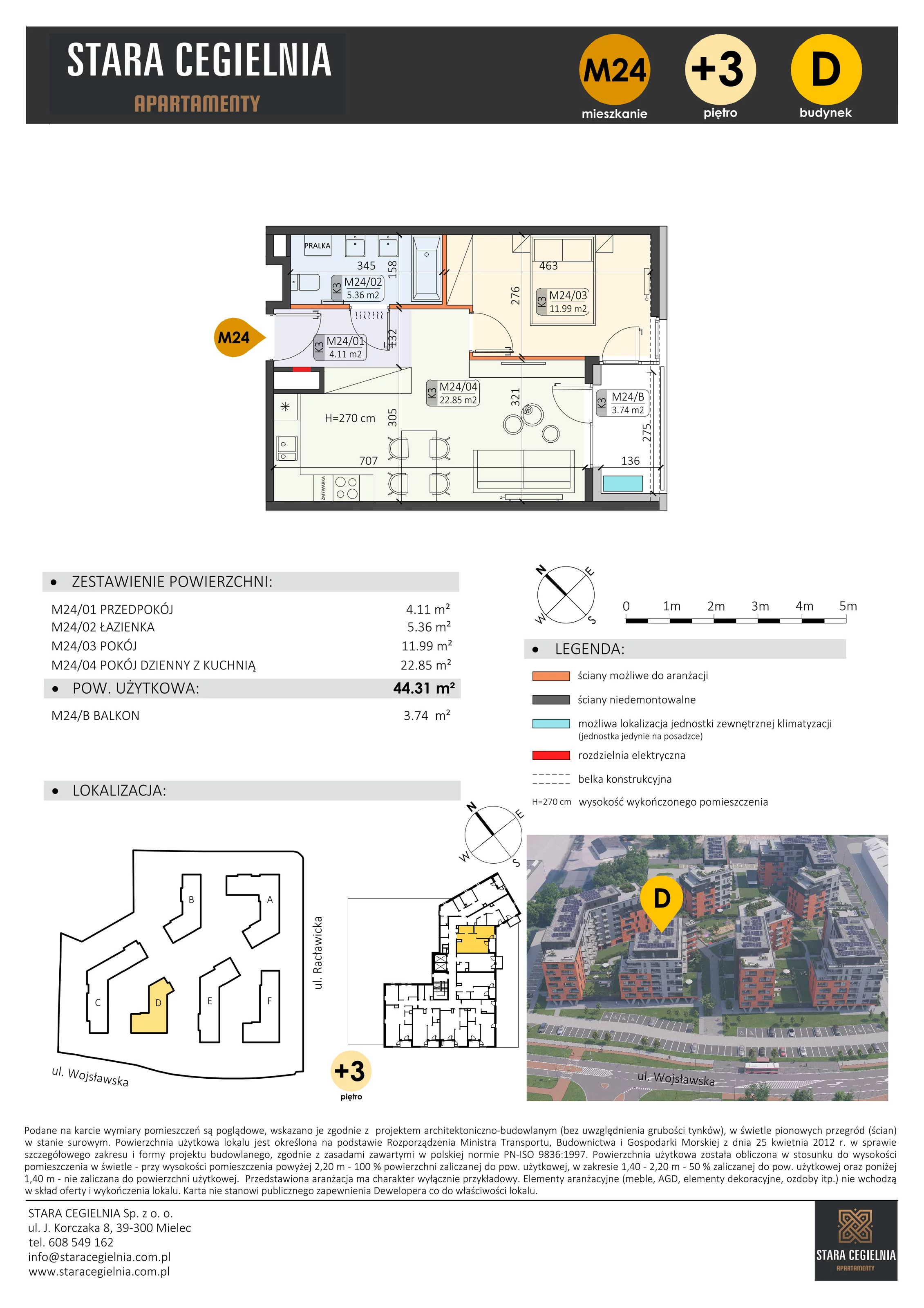 2 pokoje, mieszkanie 44,31 m², piętro 3, oferta nr D/M24/3, Stara Cegielnia etap III, Mielec, ul. Wojsławska 1