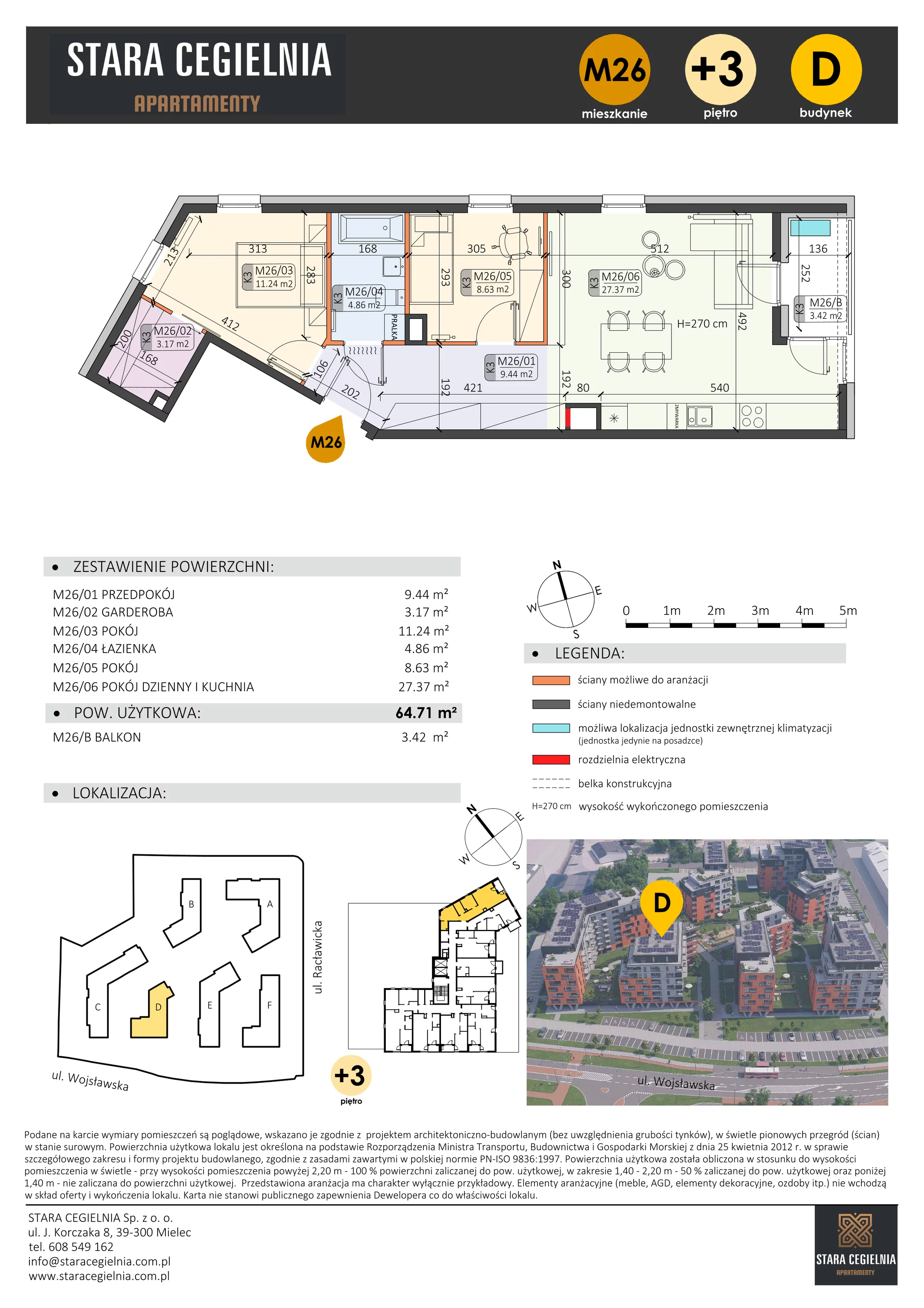 3 pokoje, mieszkanie 64,71 m², piętro 3, oferta nr D/M26/3, Stara Cegielnia etap III, Mielec, ul. Wojsławska 1