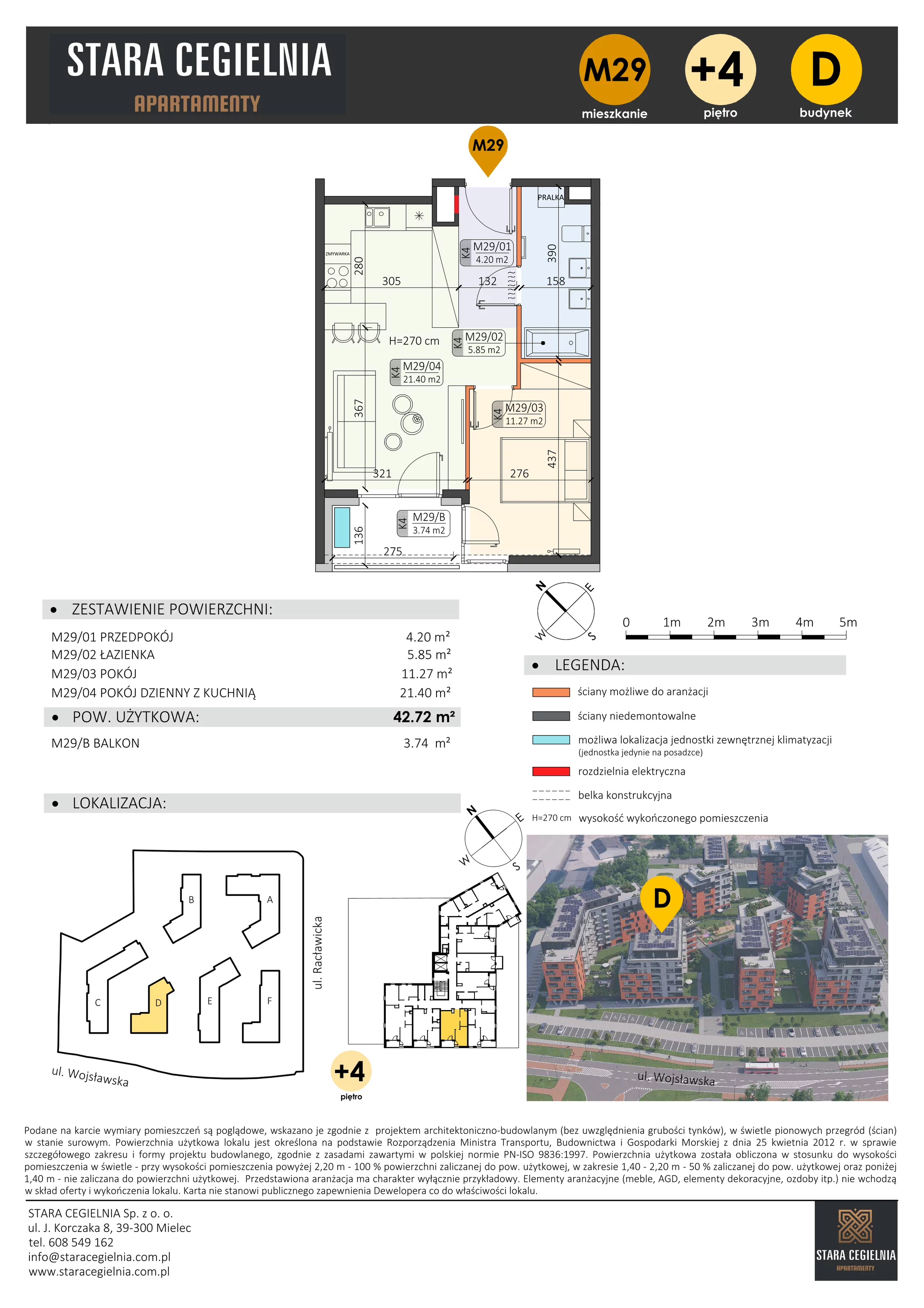 2 pokoje, mieszkanie 42,72 m², piętro 4, oferta nr D/M29/4, Stara Cegielnia etap III, Mielec, ul. Wojsławska 1