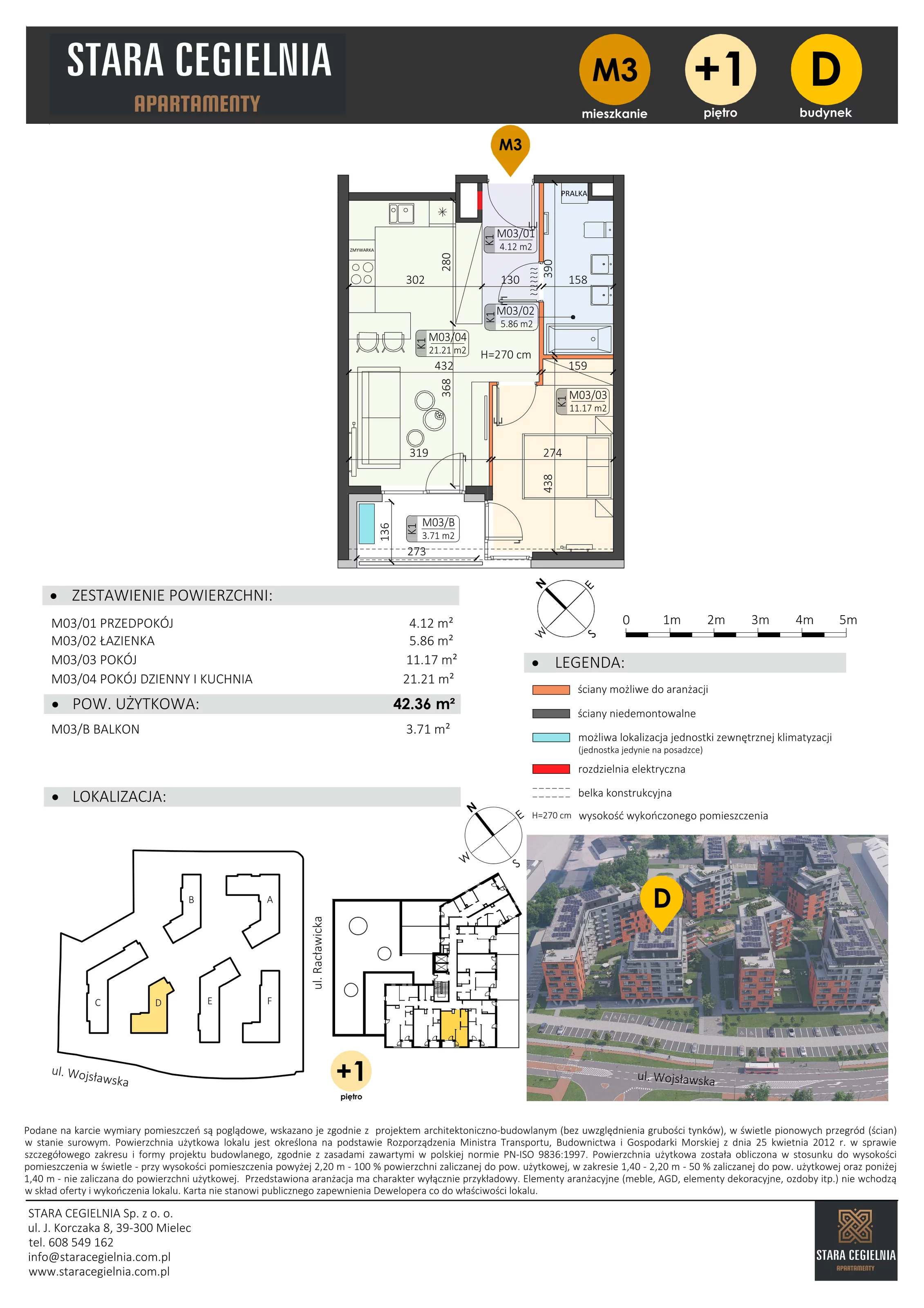 2 pokoje, mieszkanie 42,36 m², piętro 1, oferta nr D/M3/1, Stara Cegielnia etap III, Mielec, ul. Wojsławska 1