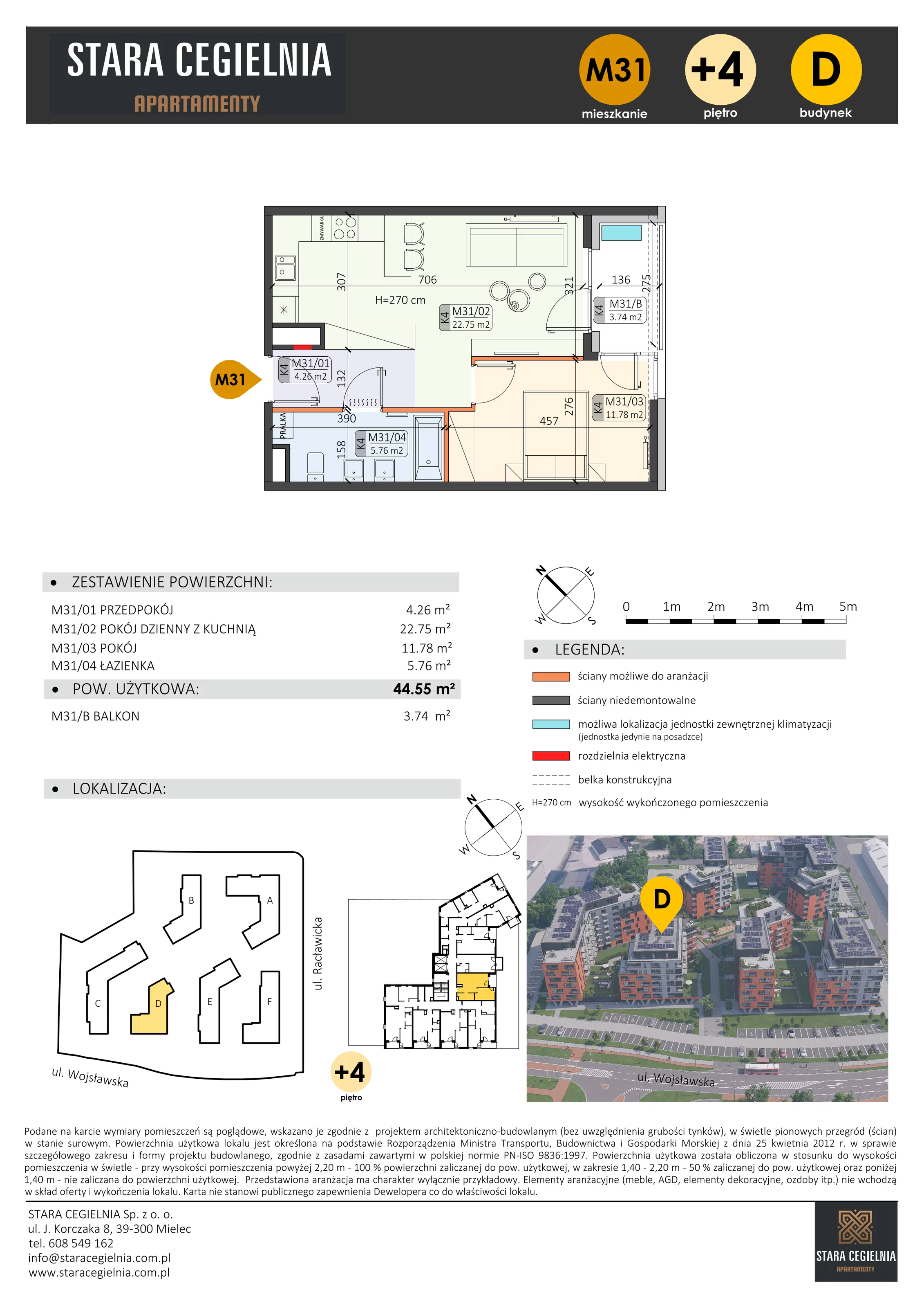 2 pokoje, mieszkanie 44,55 m², piętro 4, oferta nr D/M31/4, Stara Cegielnia etap III, Mielec, ul. Wojsławska 1