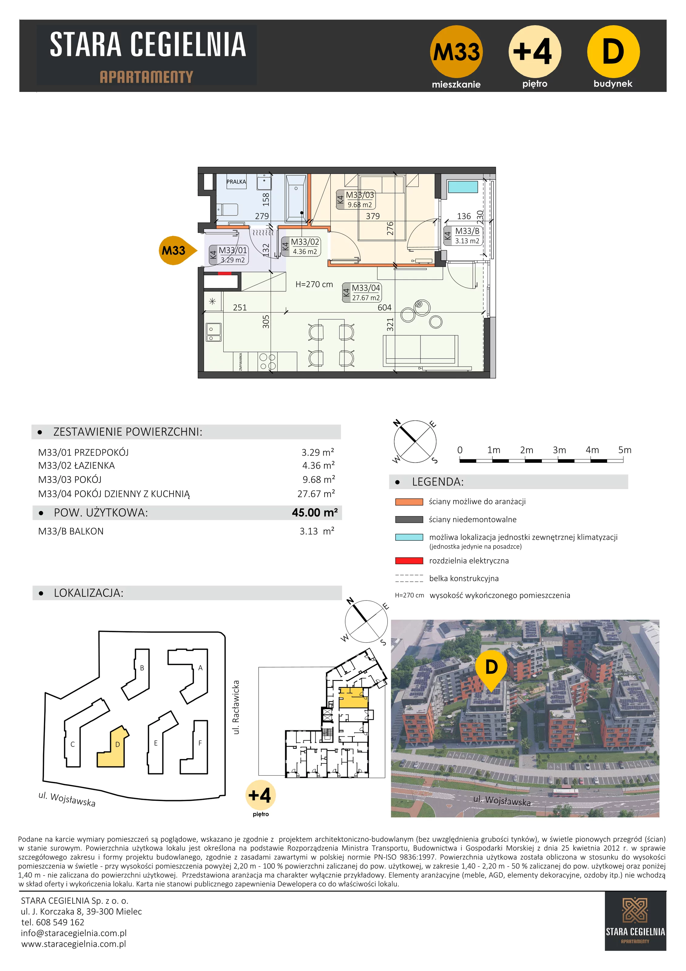 2 pokoje, mieszkanie 45,00 m², piętro 4, oferta nr D/M33/3, Stara Cegielnia etap III, Mielec, ul. Wojsławska 1