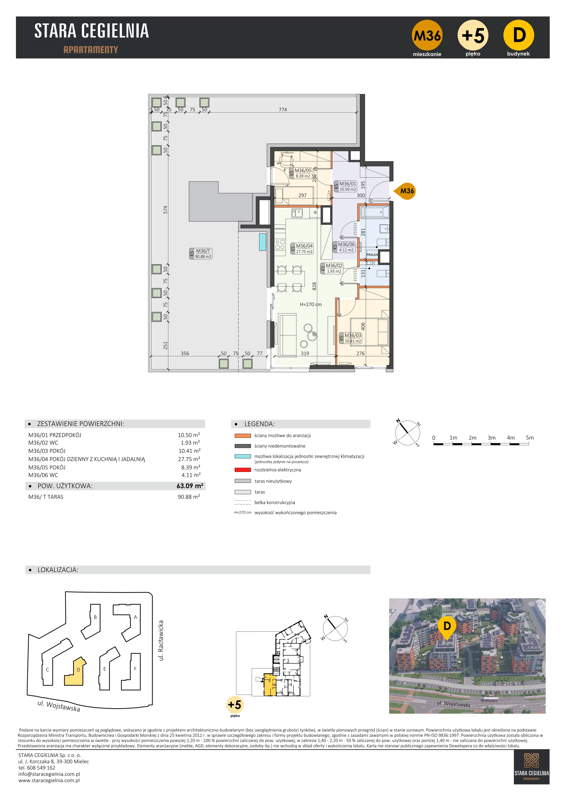3 pokoje, mieszkanie 63,09 m², piętro 5, oferta nr D/M36/5, Stara Cegielnia etap III, Mielec, ul. Wojsławska 1