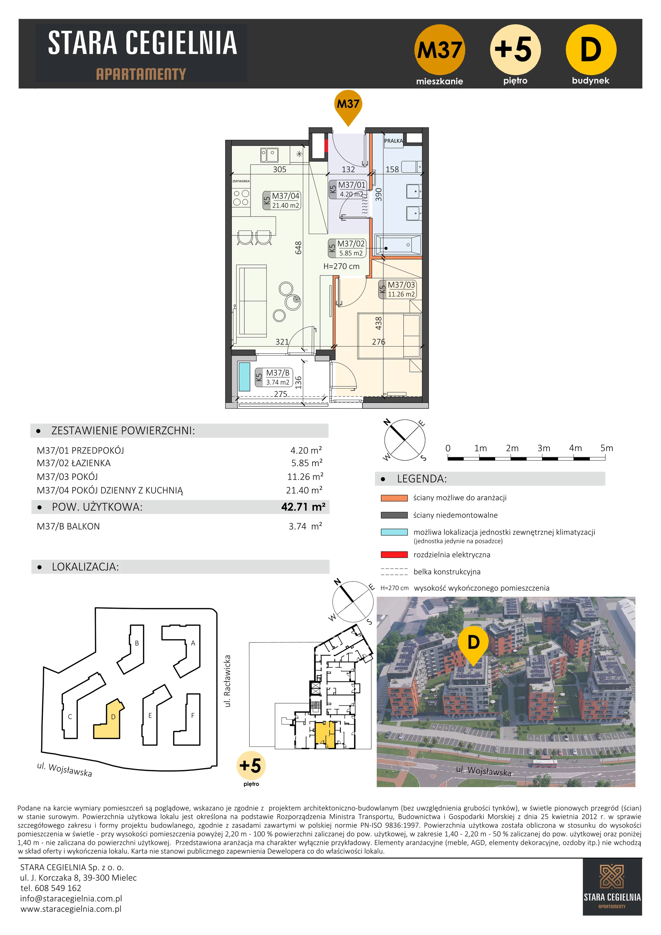 2 pokoje, mieszkanie 42,71 m², piętro 5, oferta nr D/M37/5, Stara Cegielnia etap III, Mielec, ul. Wojsławska 1