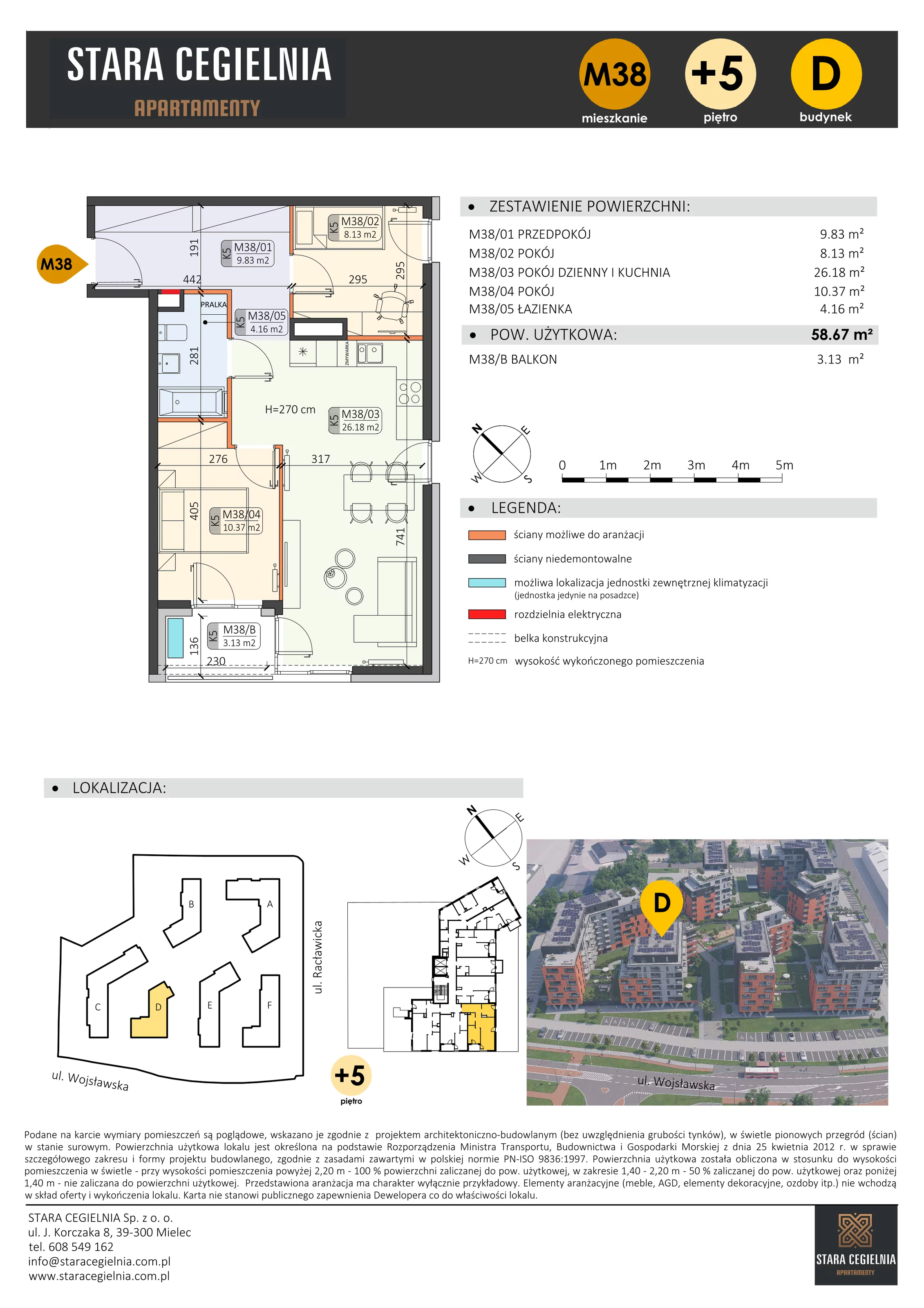 3 pokoje, mieszkanie 58,67 m², piętro 5, oferta nr D/M38/5, Stara Cegielnia etap III, Mielec, ul. Wojsławska 1