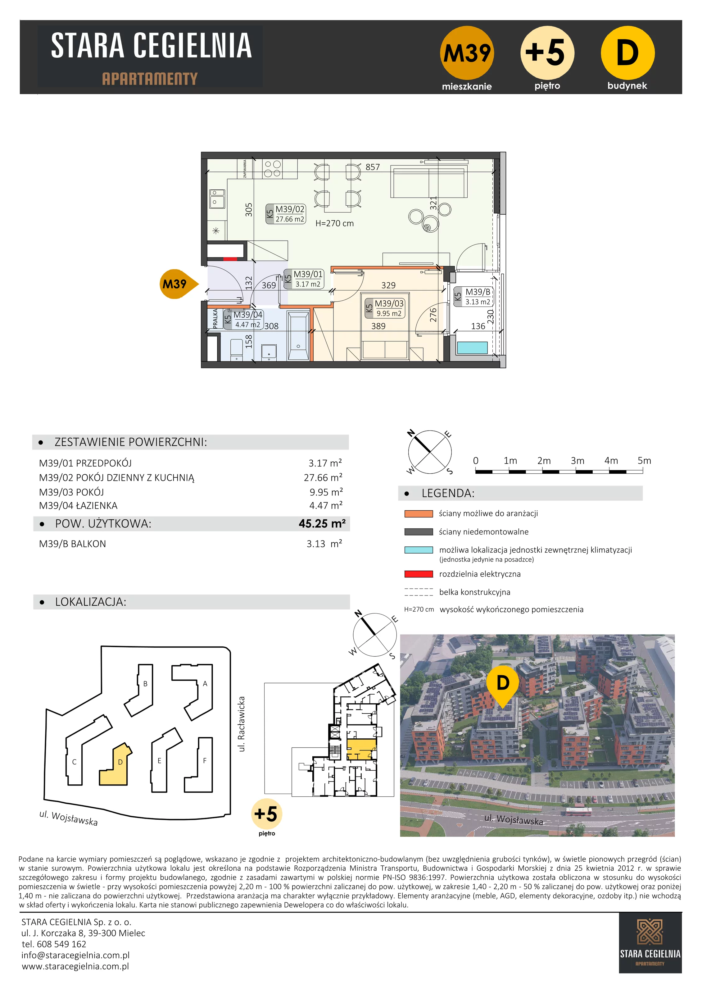 2 pokoje, mieszkanie 45,25 m², piętro 5, oferta nr D/M39/5, Stara Cegielnia etap III, Mielec, ul. Wojsławska 1
