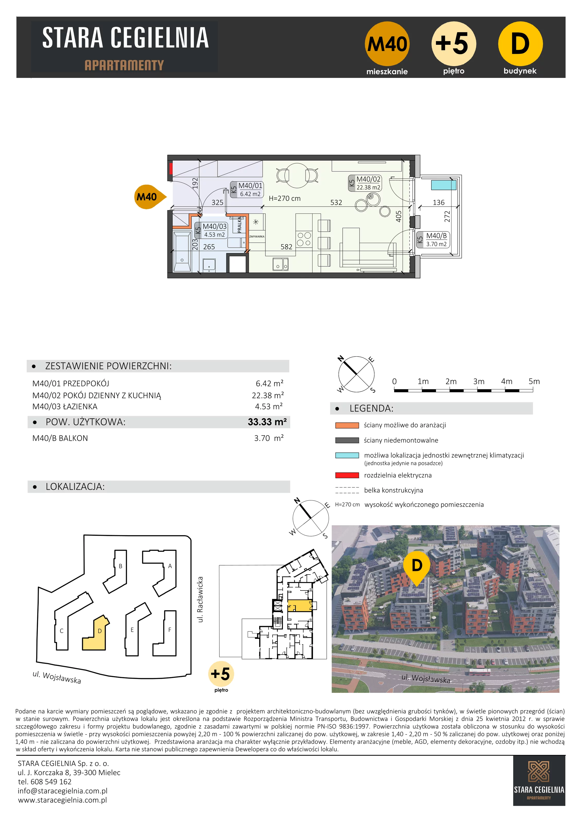 1 pokój, mieszkanie 33,33 m², piętro 5, oferta nr D/M40/5, Stara Cegielnia etap III, Mielec, ul. Wojsławska 1