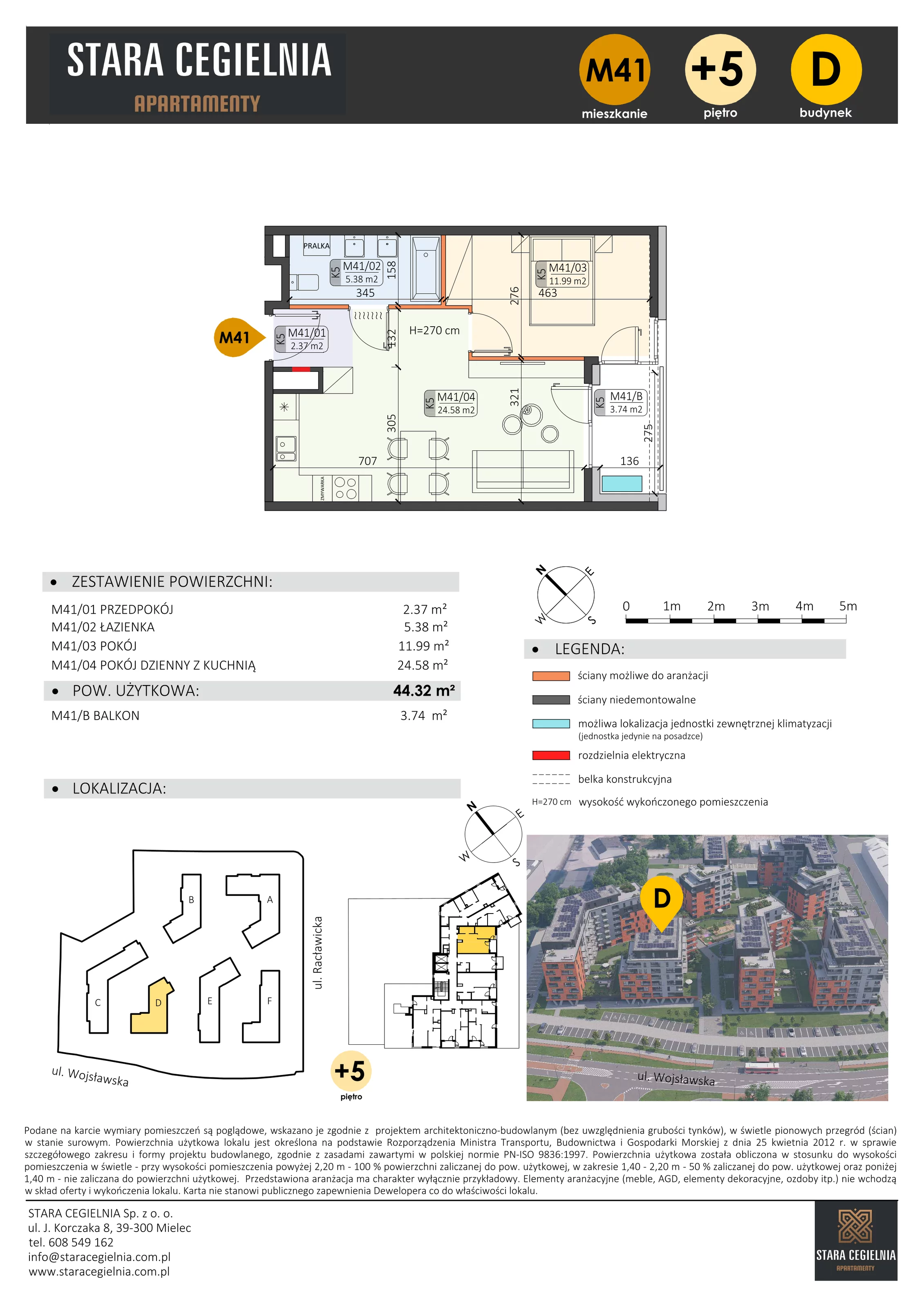 2 pokoje, mieszkanie 44,32 m², piętro 5, oferta nr D/M41/5, Stara Cegielnia etap III, Mielec, ul. Wojsławska 1