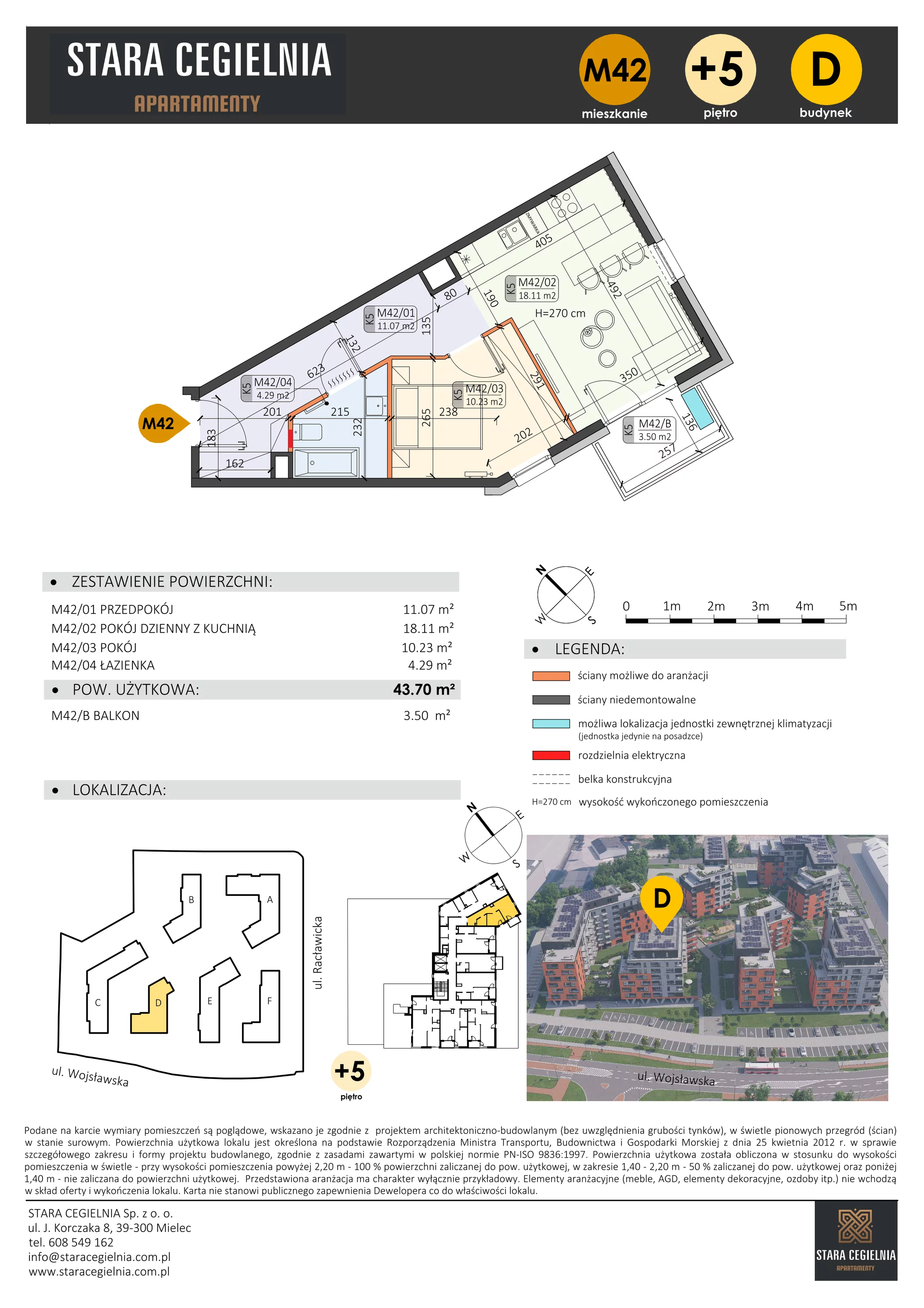 2 pokoje, mieszkanie 43,70 m², piętro 5, oferta nr D/M42/5, Stara Cegielnia etap III, Mielec, ul. Wojsławska 1