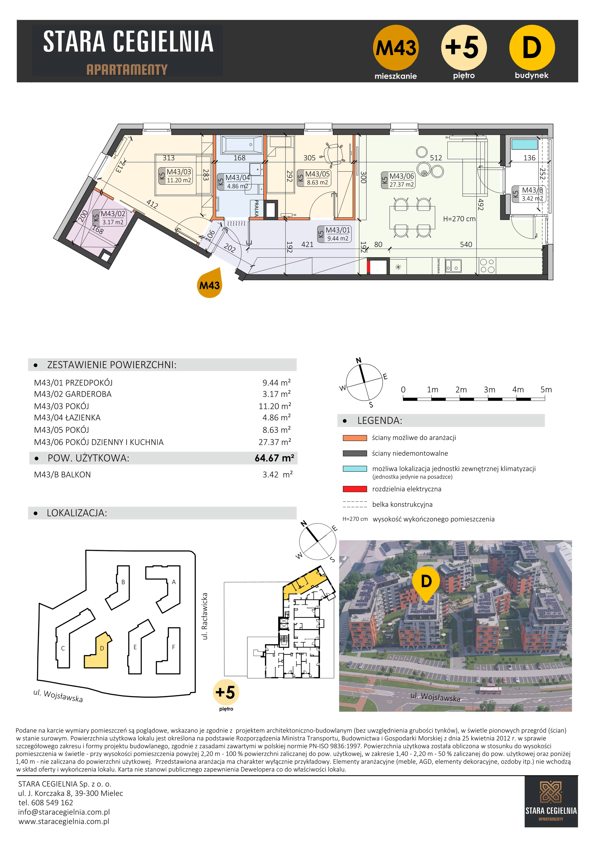 3 pokoje, mieszkanie 64,67 m², piętro 5, oferta nr D/M43/5, Stara Cegielnia etap III, Mielec, ul. Wojsławska 1