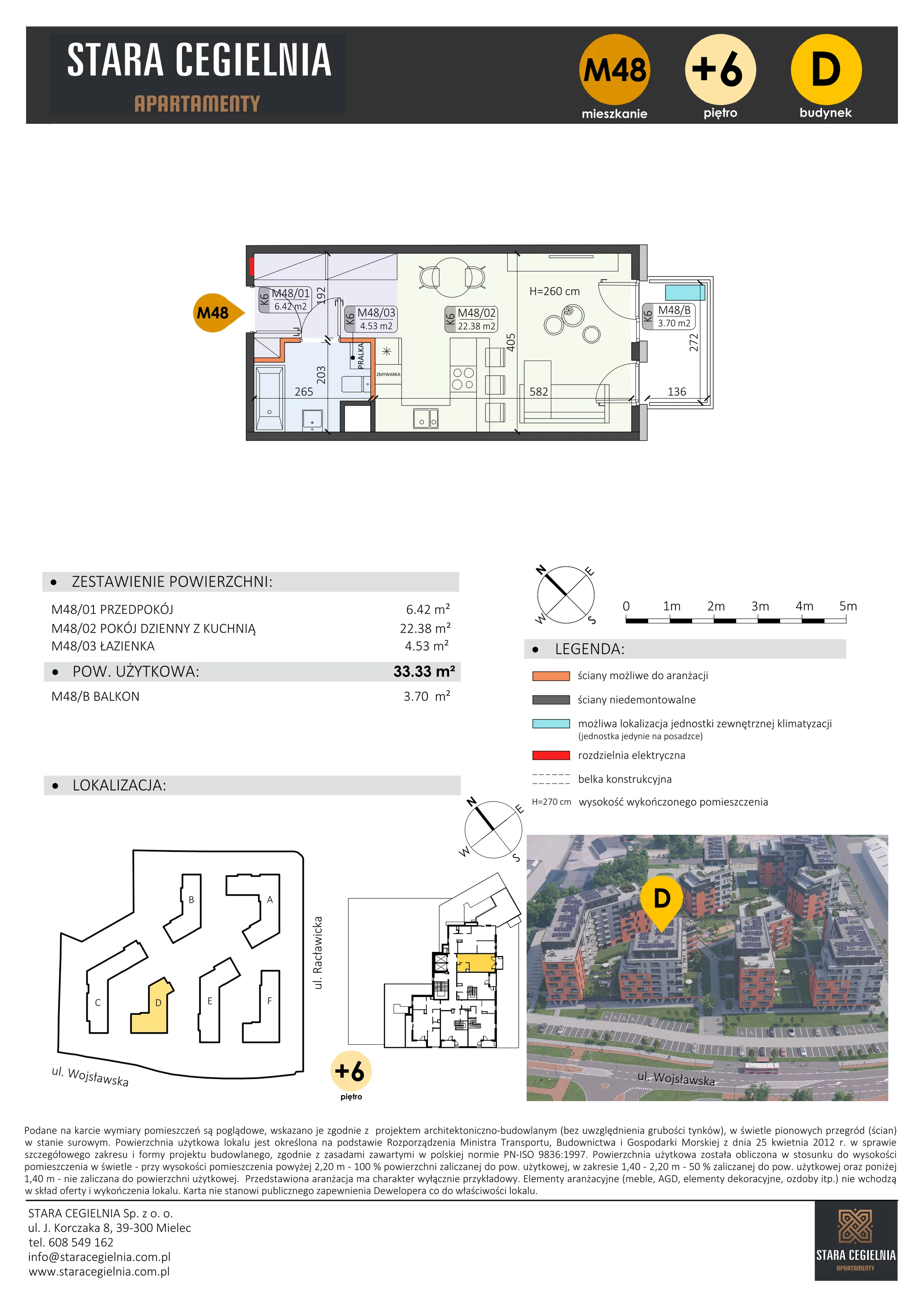 1 pokój, mieszkanie 33,33 m², piętro 6, oferta nr D/M48/6, Stara Cegielnia etap III, Mielec, ul. Wojsławska 1