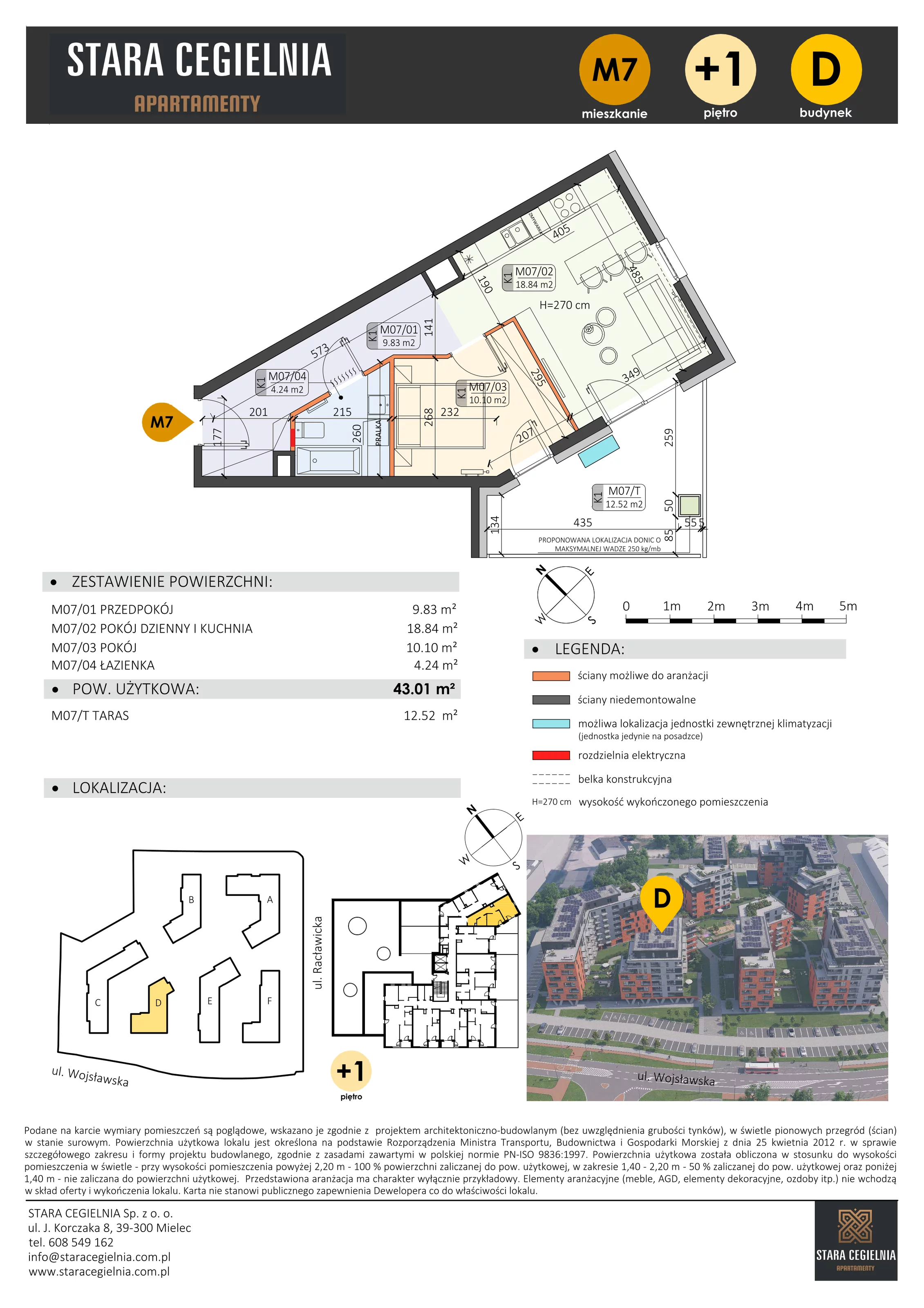 2 pokoje, mieszkanie 43,01 m², piętro 1, oferta nr D/M7/1, Stara Cegielnia etap III, Mielec, ul. Wojsławska 1