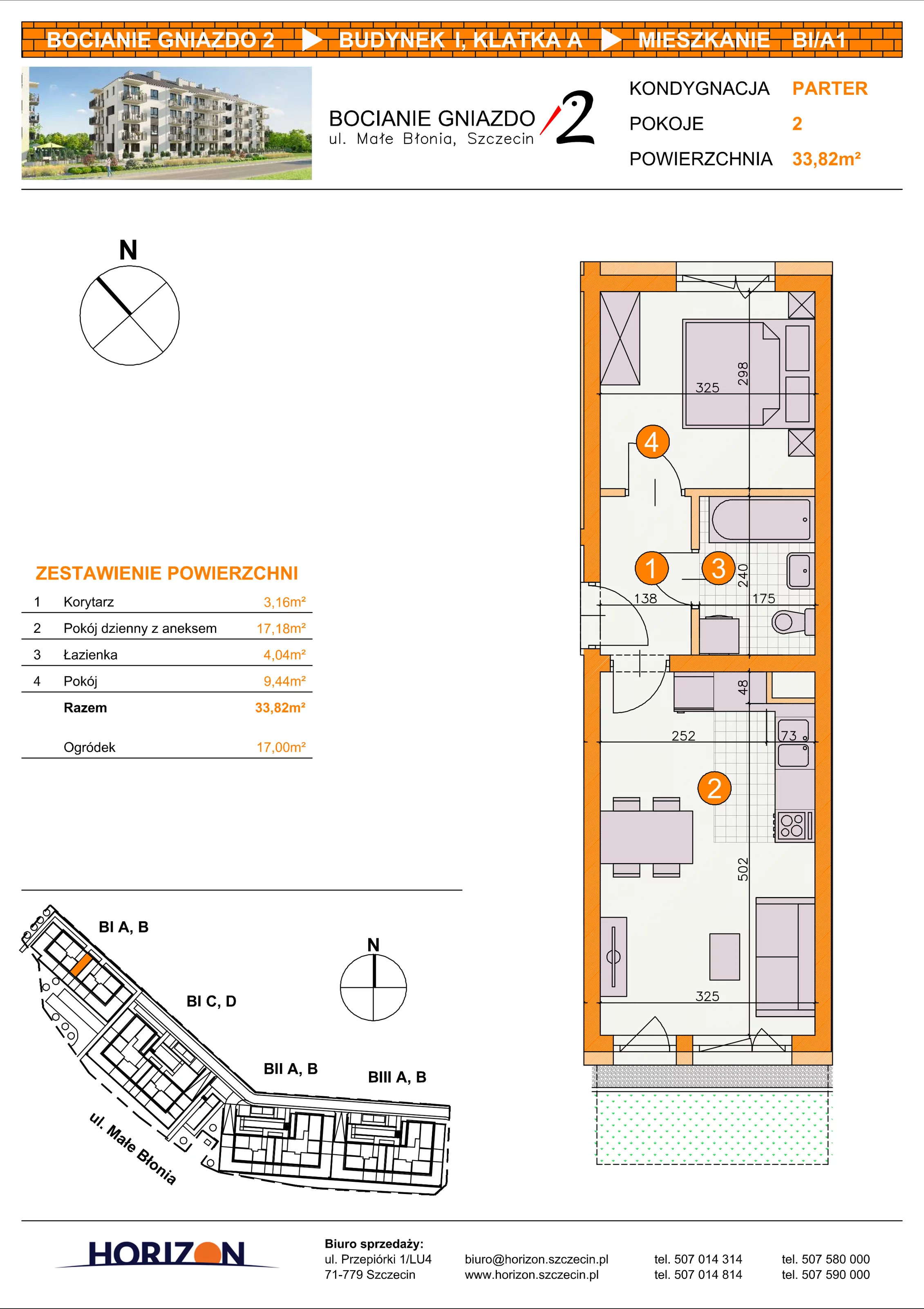 2 pokoje, mieszkanie 33,82 m², parter, oferta nr BI/A1, Bocianie Gniazdo 2, Szczecin, Północ, Żelechowa, ul. Małe Błonia