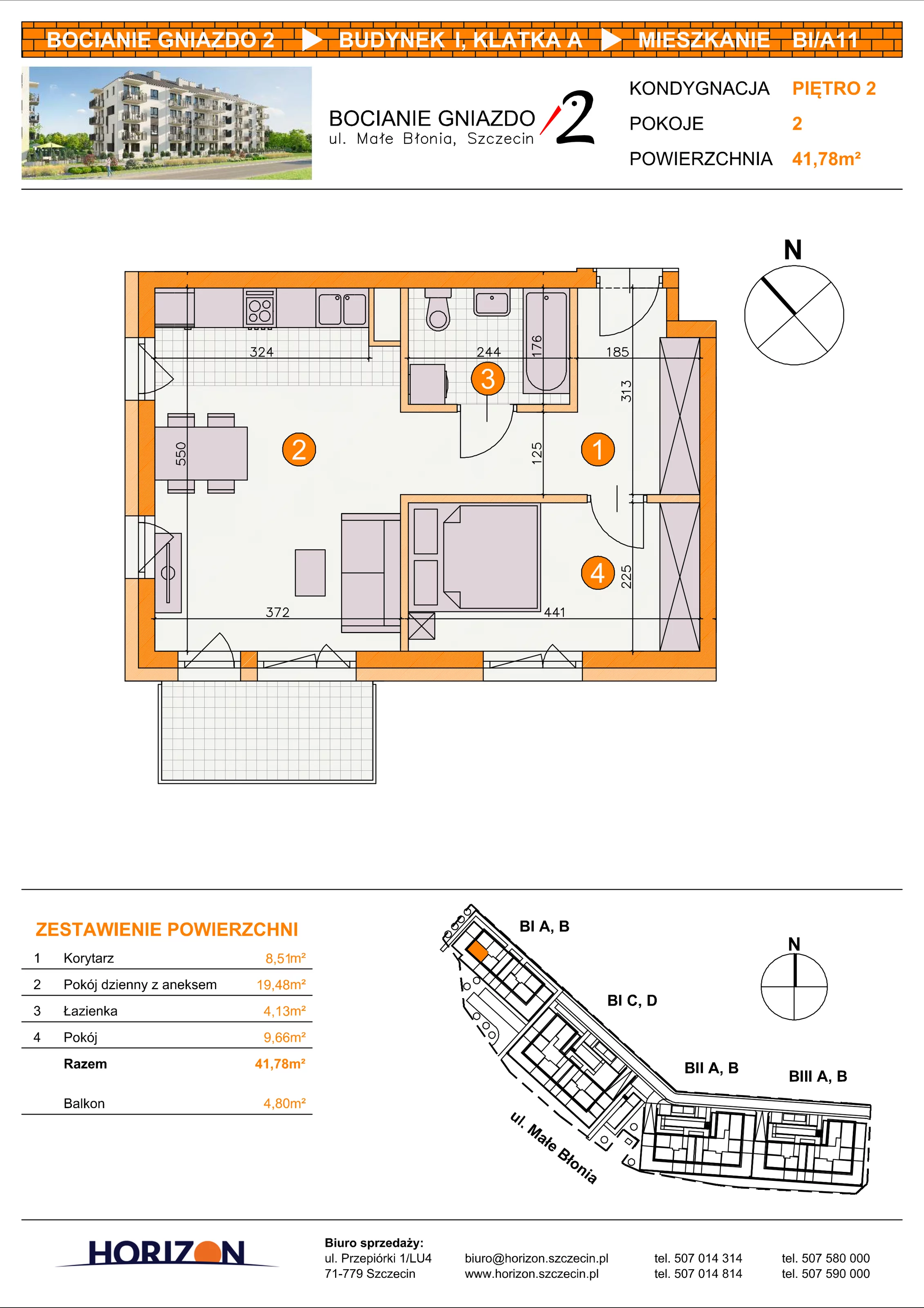 2 pokoje, mieszkanie 41,78 m², piętro 2, oferta nr BI/A11, Bocianie Gniazdo 2, Szczecin, Północ, Żelechowa, ul. Małe Błonia