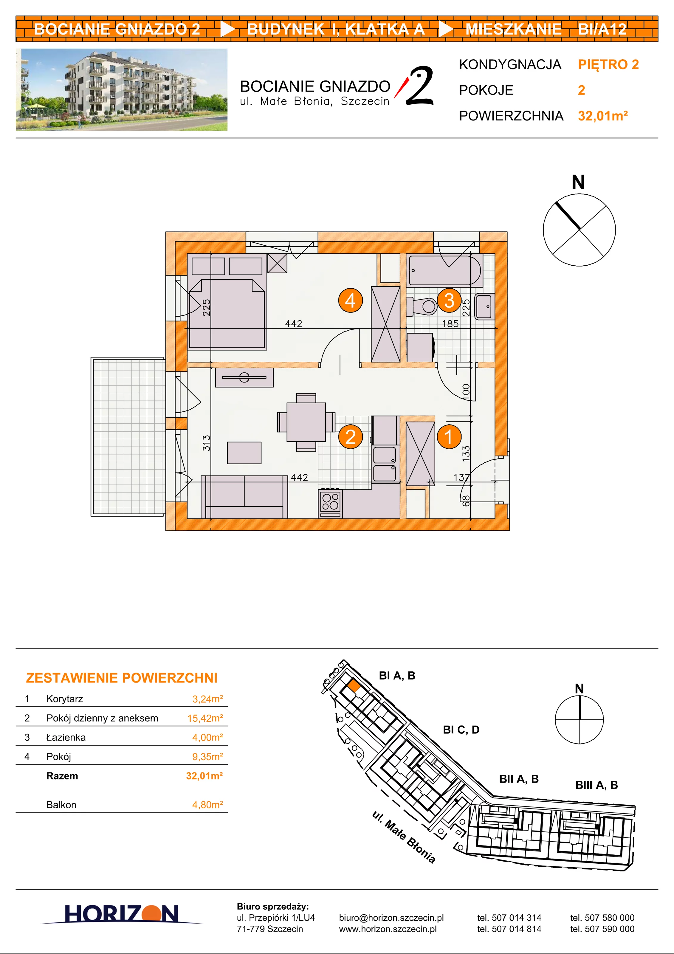 2 pokoje, mieszkanie 32,01 m², piętro 2, oferta nr BI/A12, Bocianie Gniazdo 2, Szczecin, Północ, Żelechowa, ul. Małe Błonia