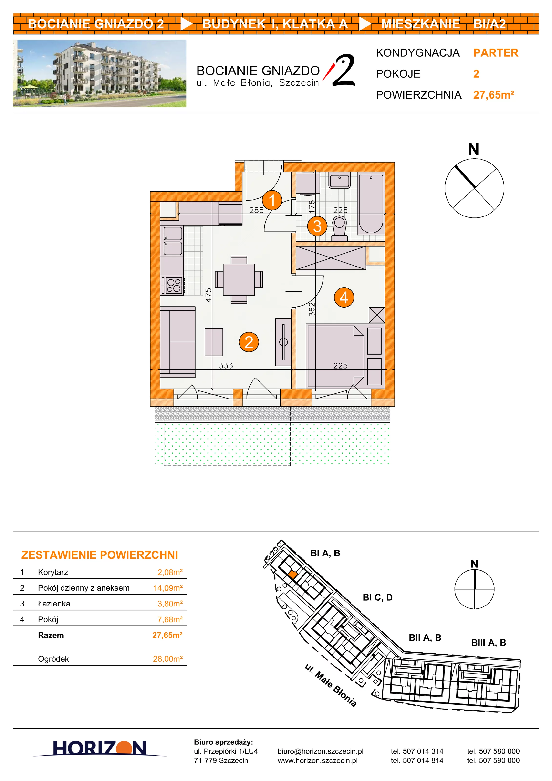 2 pokoje, mieszkanie 27,65 m², parter, oferta nr BI/A2, Bocianie Gniazdo 2, Szczecin, Północ, Żelechowa, ul. Małe Błonia