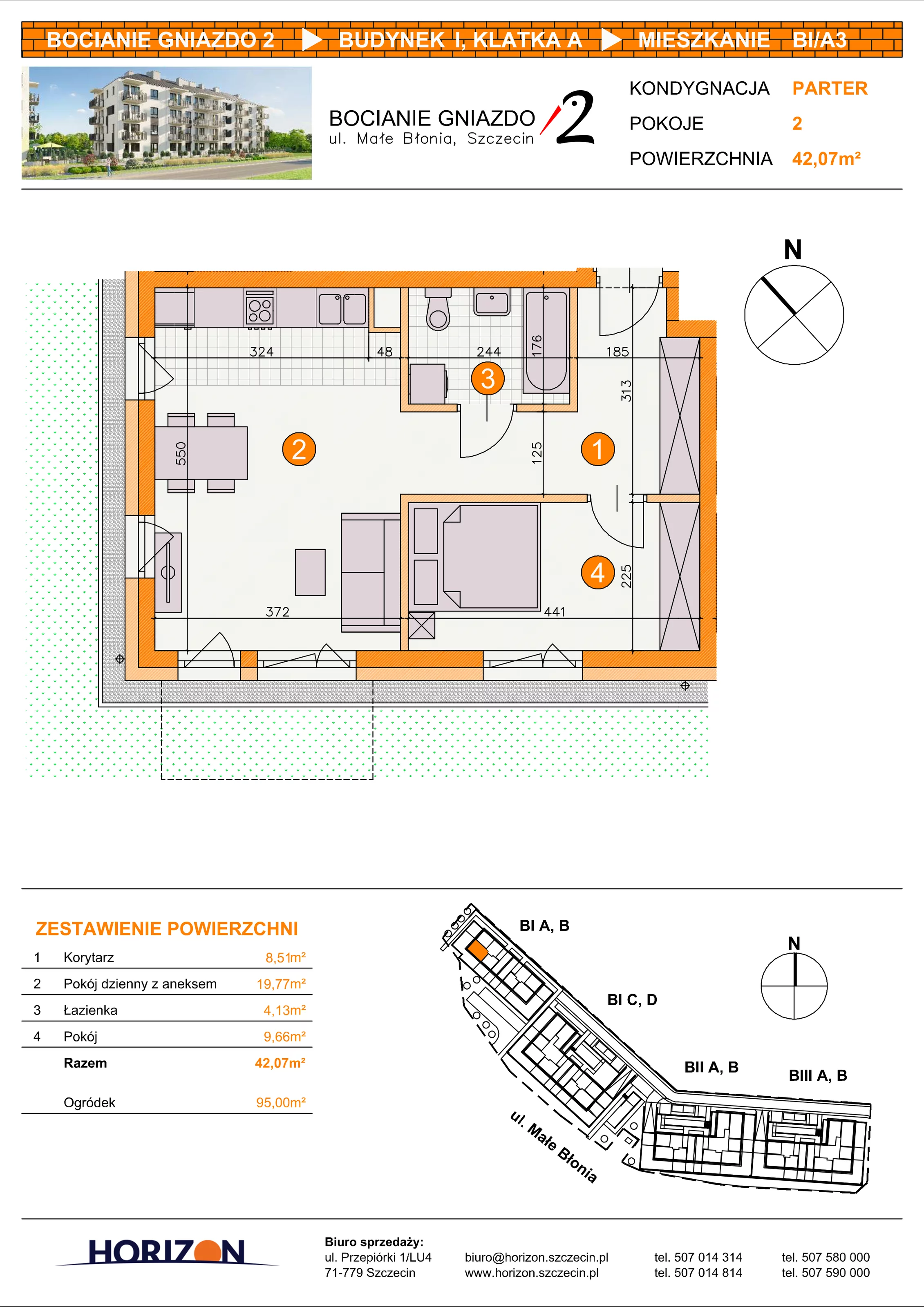 2 pokoje, mieszkanie 42,07 m², parter, oferta nr BI/A3, Bocianie Gniazdo 2, Szczecin, Północ, Żelechowa, ul. Małe Błonia