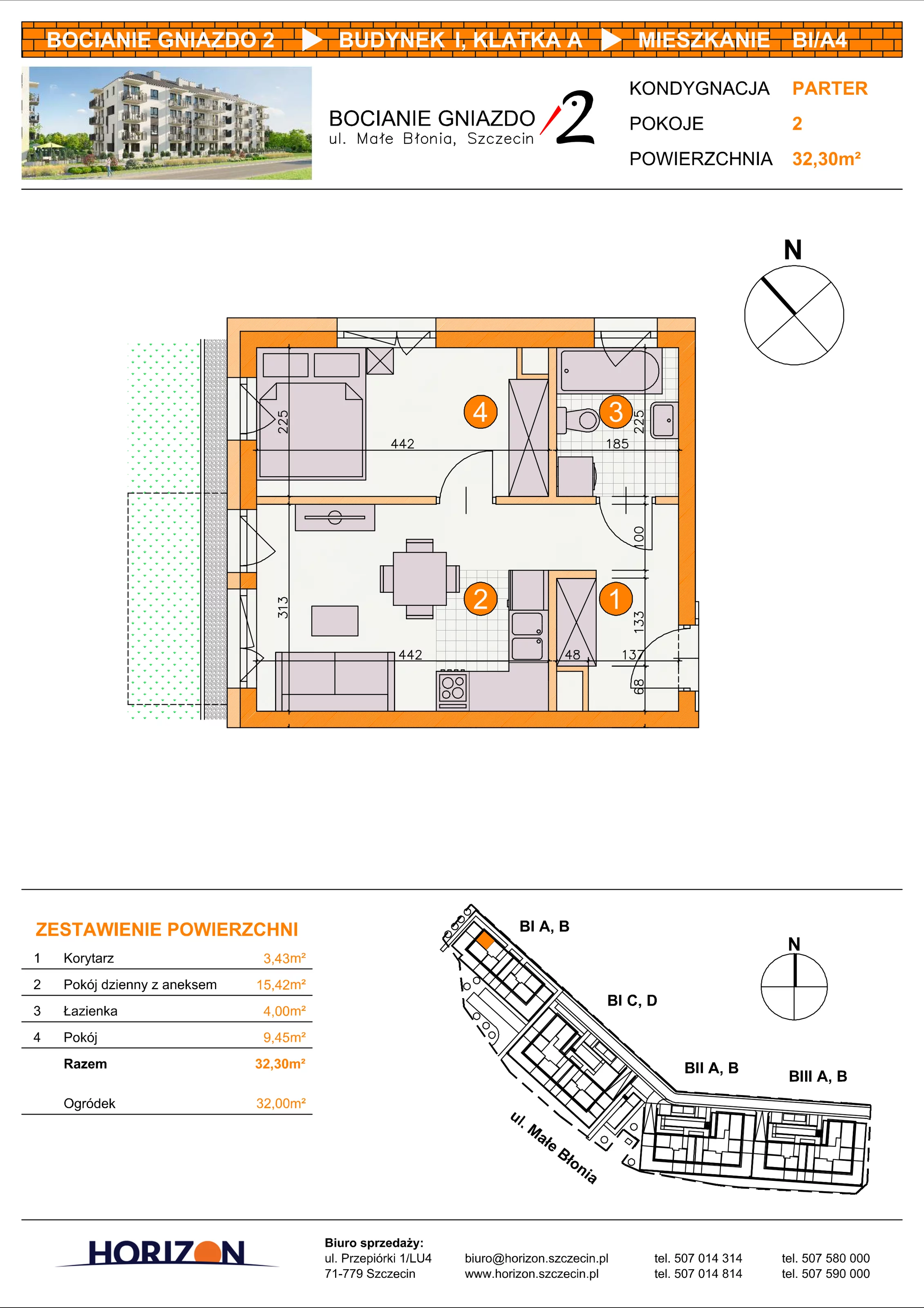 2 pokoje, mieszkanie 32,30 m², parter, oferta nr BI/A4, Bocianie Gniazdo 2, Szczecin, Północ, Żelechowa, ul. Małe Błonia