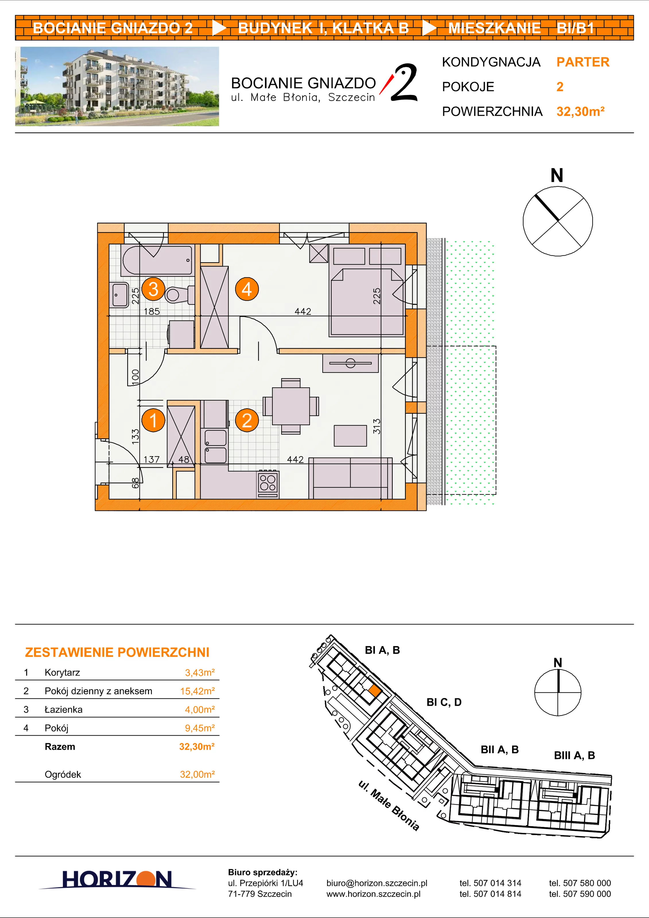 2 pokoje, mieszkanie 32,30 m², parter, oferta nr BI/B1, Bocianie Gniazdo 2, Szczecin, Północ, Żelechowa, ul. Małe Błonia