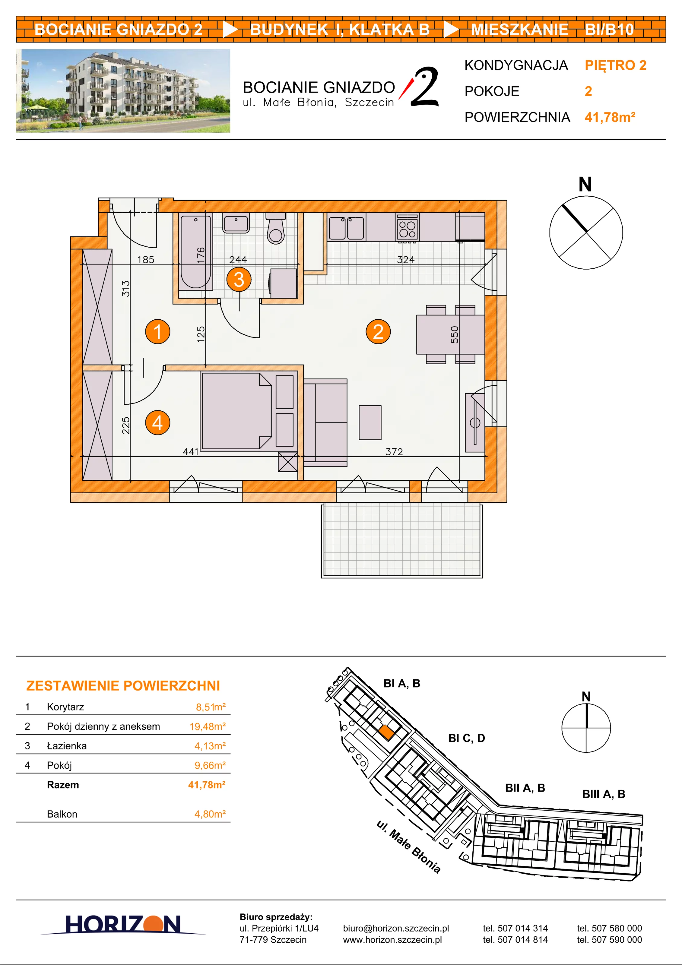 2 pokoje, mieszkanie 41,78 m², piętro 2, oferta nr BI/B10, Bocianie Gniazdo 2, Szczecin, Północ, Żelechowa, ul. Małe Błonia