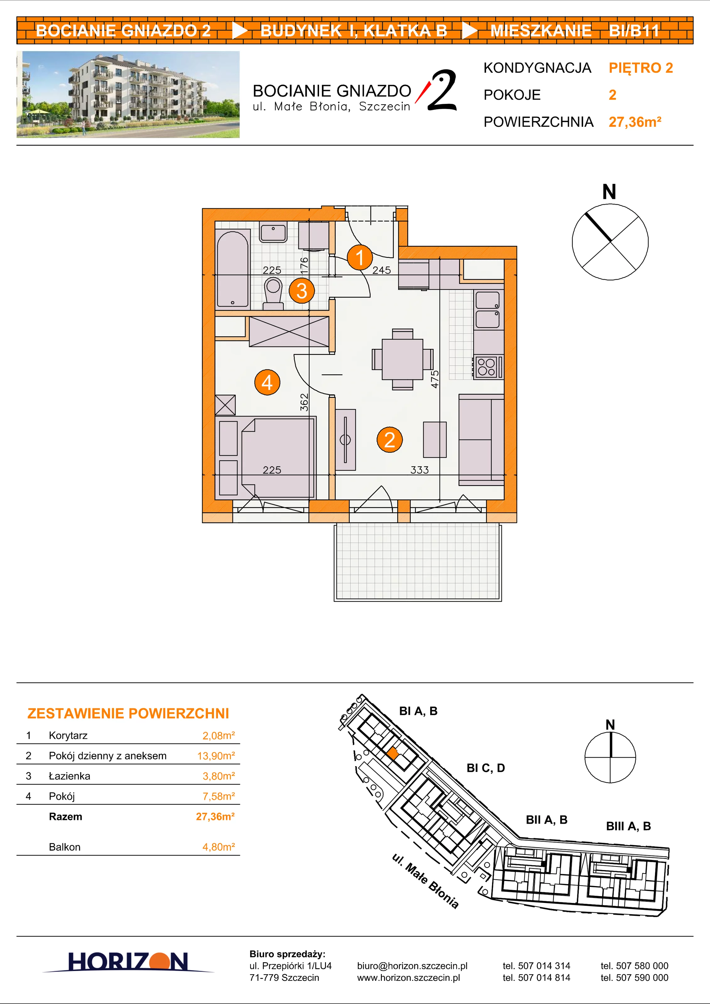 2 pokoje, mieszkanie 27,36 m², piętro 2, oferta nr BI/B11, Bocianie Gniazdo 2, Szczecin, Północ, Żelechowa, ul. Małe Błonia