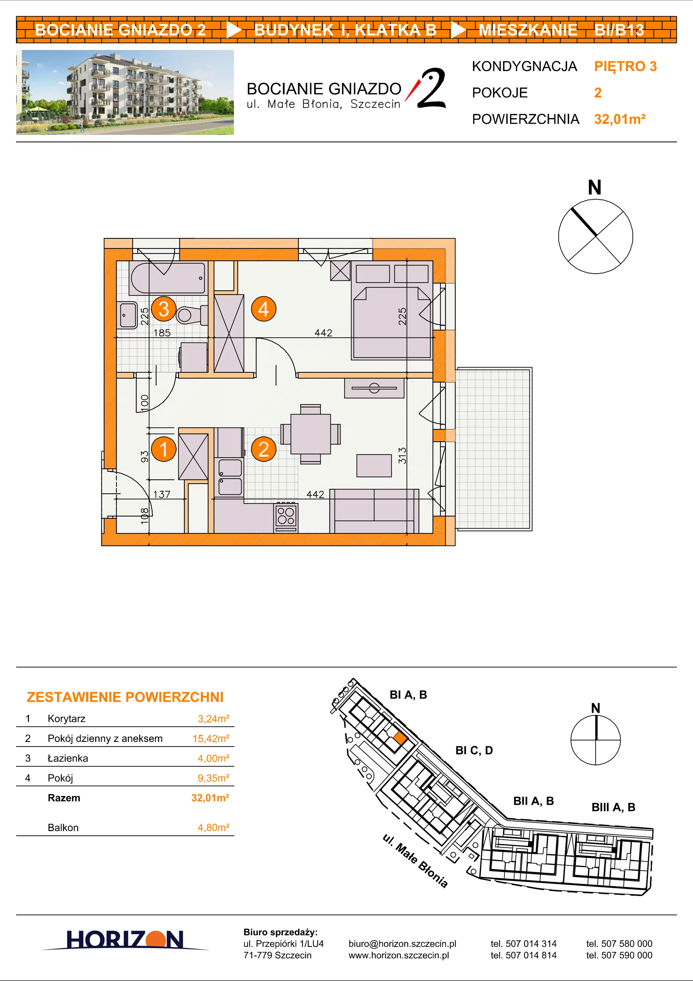 2 pokoje, mieszkanie 32,01 m², piętro 3, oferta nr BI/B13, Bocianie Gniazdo 2, Szczecin, Północ, Żelechowa, ul. Małe Błonia