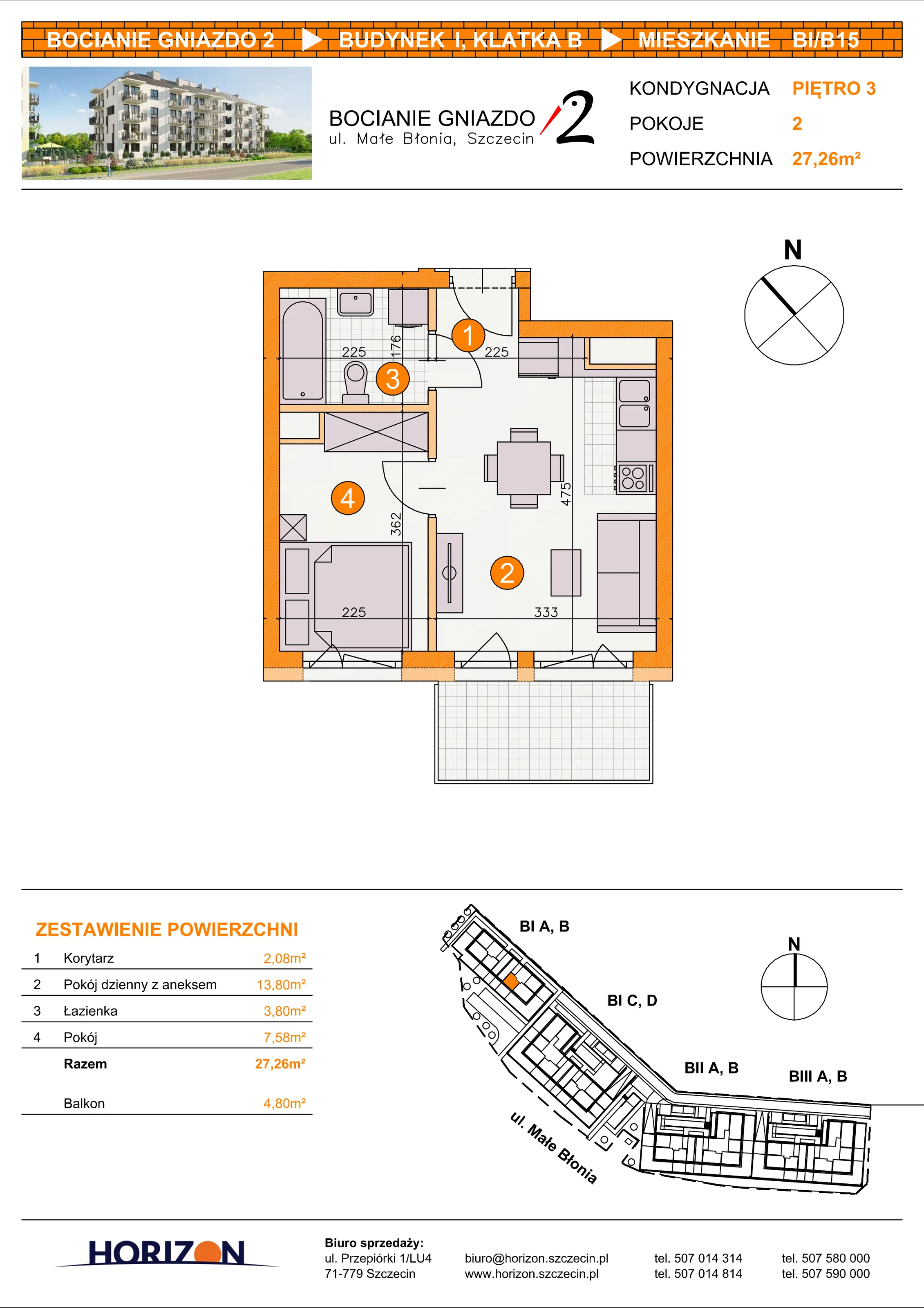 2 pokoje, mieszkanie 27,26 m², piętro 3, oferta nr BI/B15, Bocianie Gniazdo 2, Szczecin, Północ, Żelechowa, ul. Małe Błonia