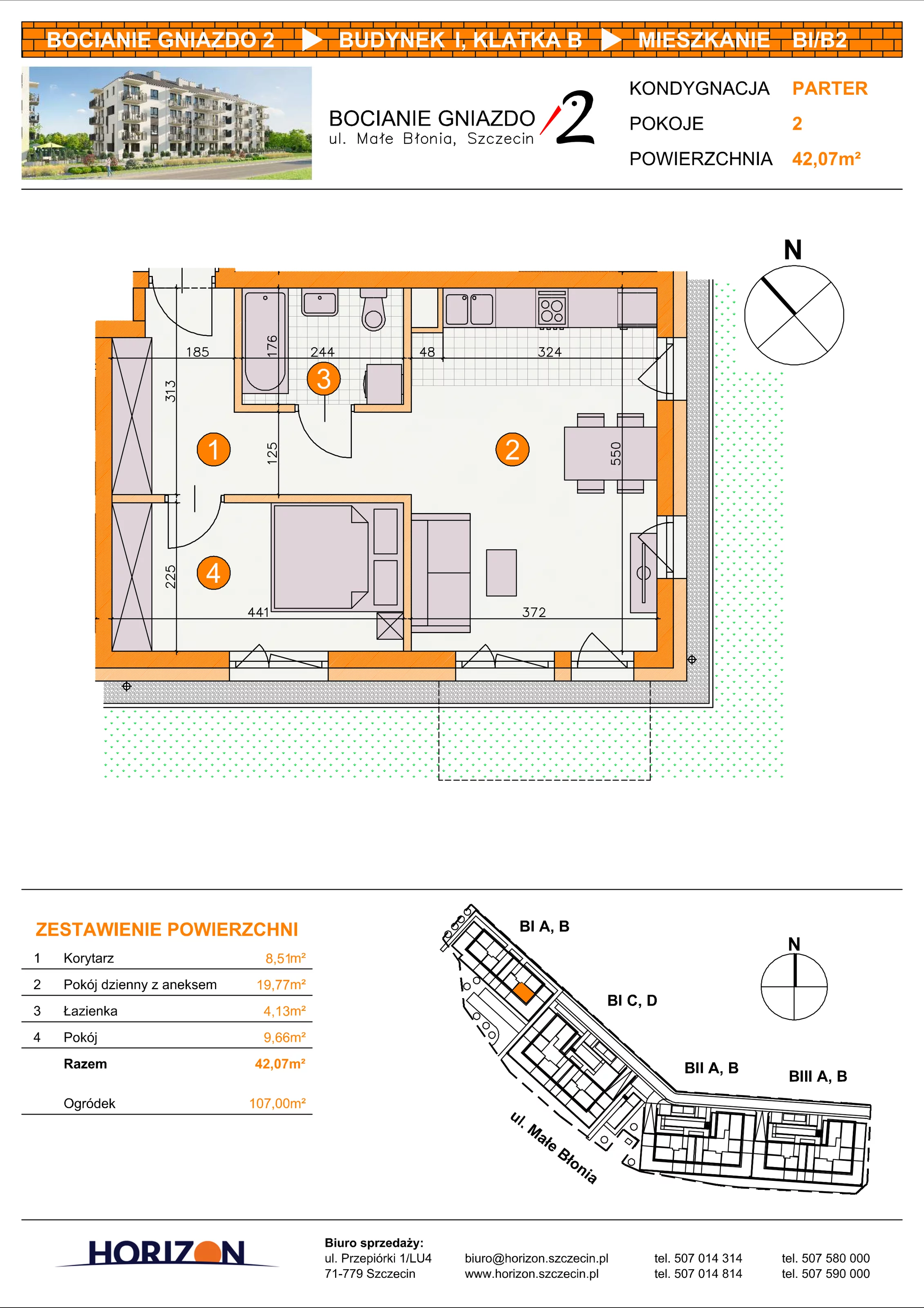 2 pokoje, mieszkanie 42,07 m², parter, oferta nr BI/B2, Bocianie Gniazdo 2, Szczecin, Północ, Żelechowa, ul. Małe Błonia