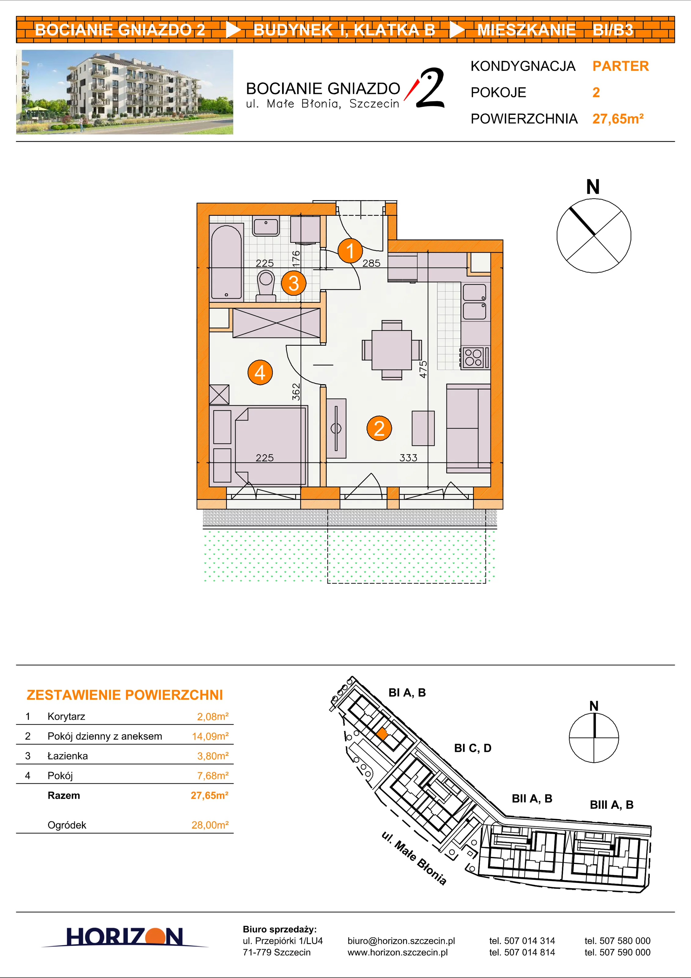 2 pokoje, mieszkanie 27,56 m², parter, oferta nr BI/B3, Bocianie Gniazdo 2, Szczecin, Północ, Żelechowa, ul. Małe Błonia