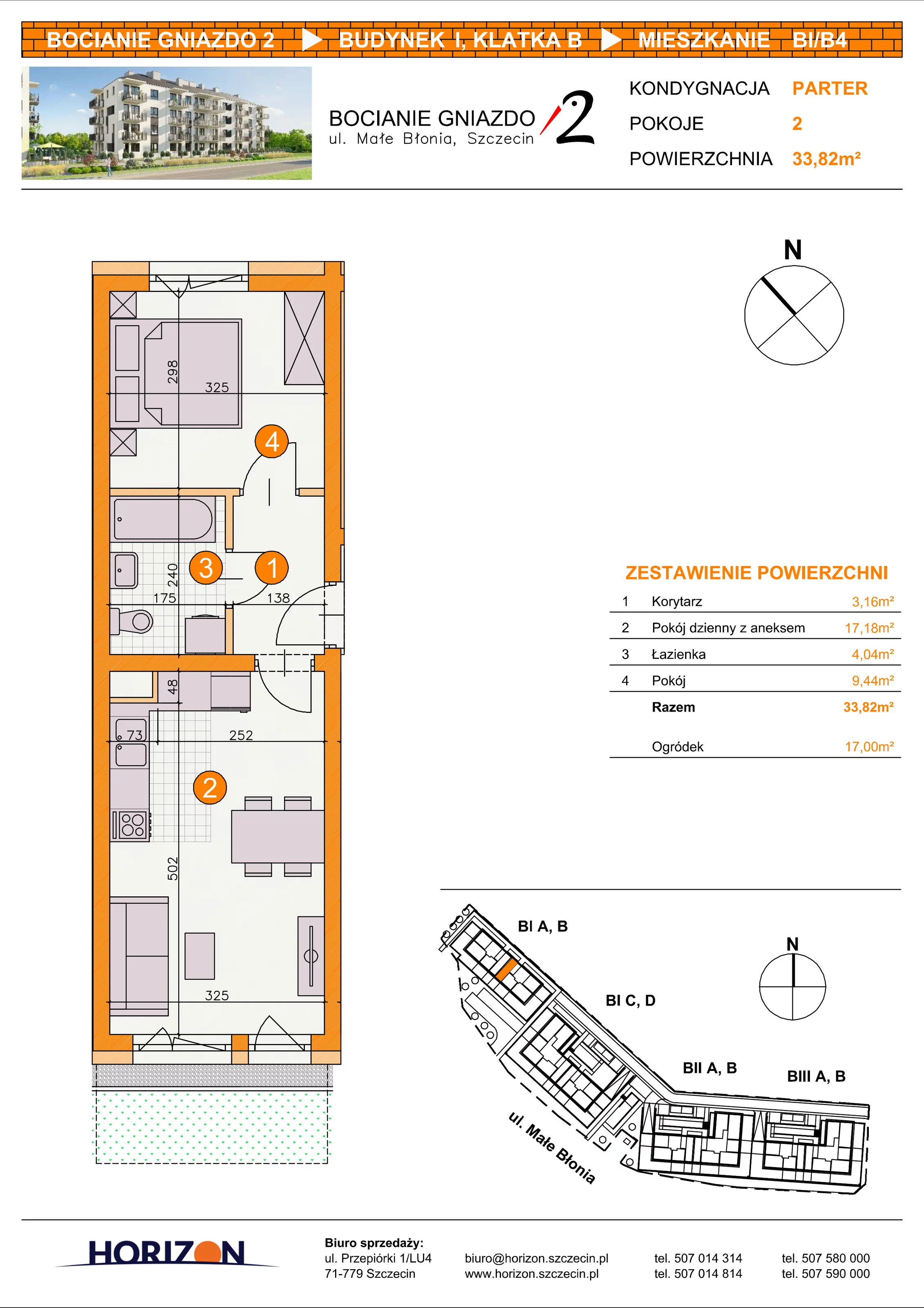 2 pokoje, mieszkanie 33,82 m², parter, oferta nr BI/B4, Bocianie Gniazdo 2, Szczecin, Północ, Żelechowa, ul. Małe Błonia