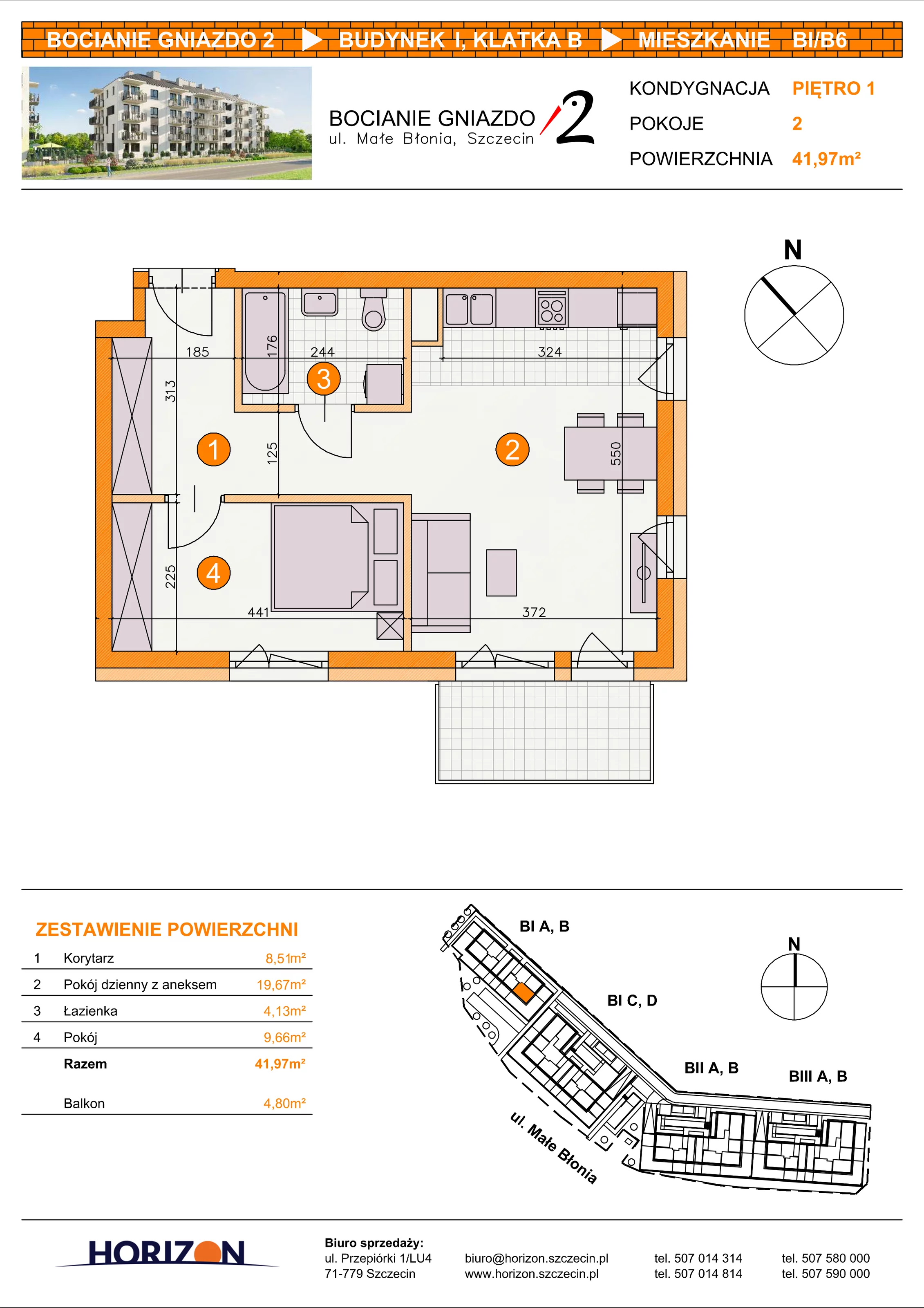 2 pokoje, mieszkanie 41,97 m², piętro 1, oferta nr BI/B6, Bocianie Gniazdo 2, Szczecin, Północ, Żelechowa, ul. Małe Błonia