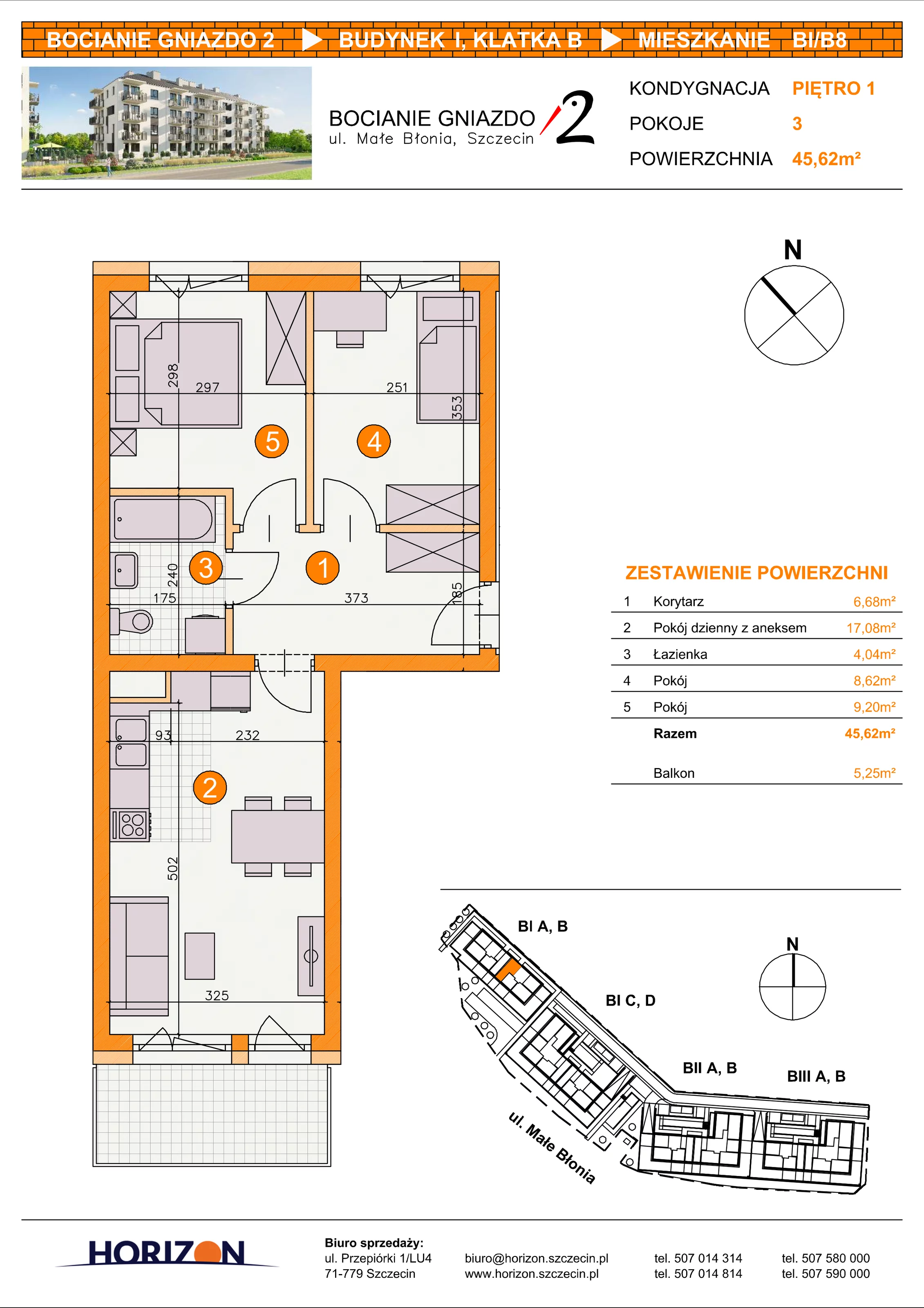 3 pokoje, mieszkanie 45,62 m², piętro 1, oferta nr BI/B8, Bocianie Gniazdo 2, Szczecin, Północ, Żelechowa, ul. Małe Błonia
