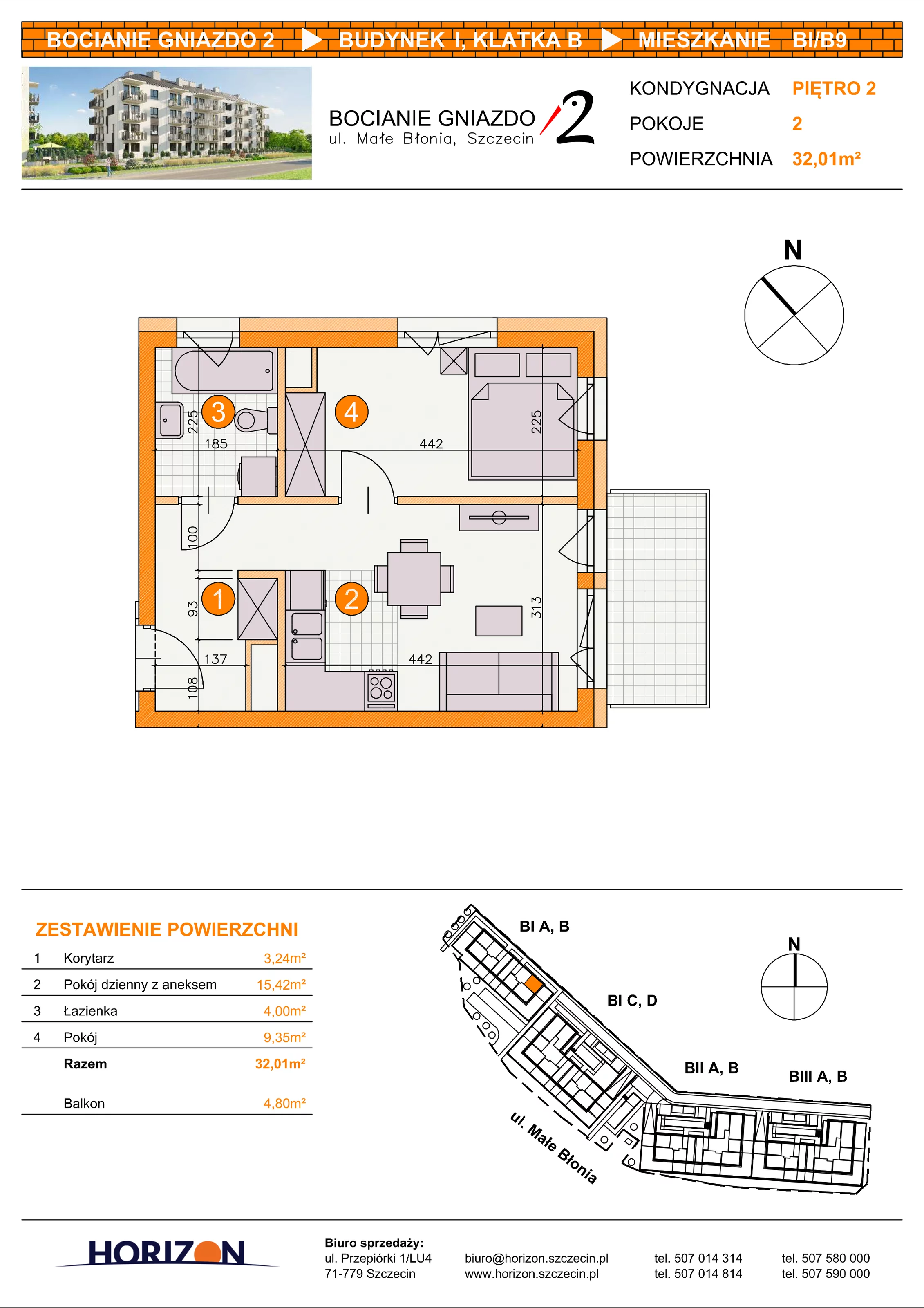 2 pokoje, mieszkanie 32,01 m², piętro 2, oferta nr BI/B9, Bocianie Gniazdo 2, Szczecin, Północ, Żelechowa, ul. Małe Błonia