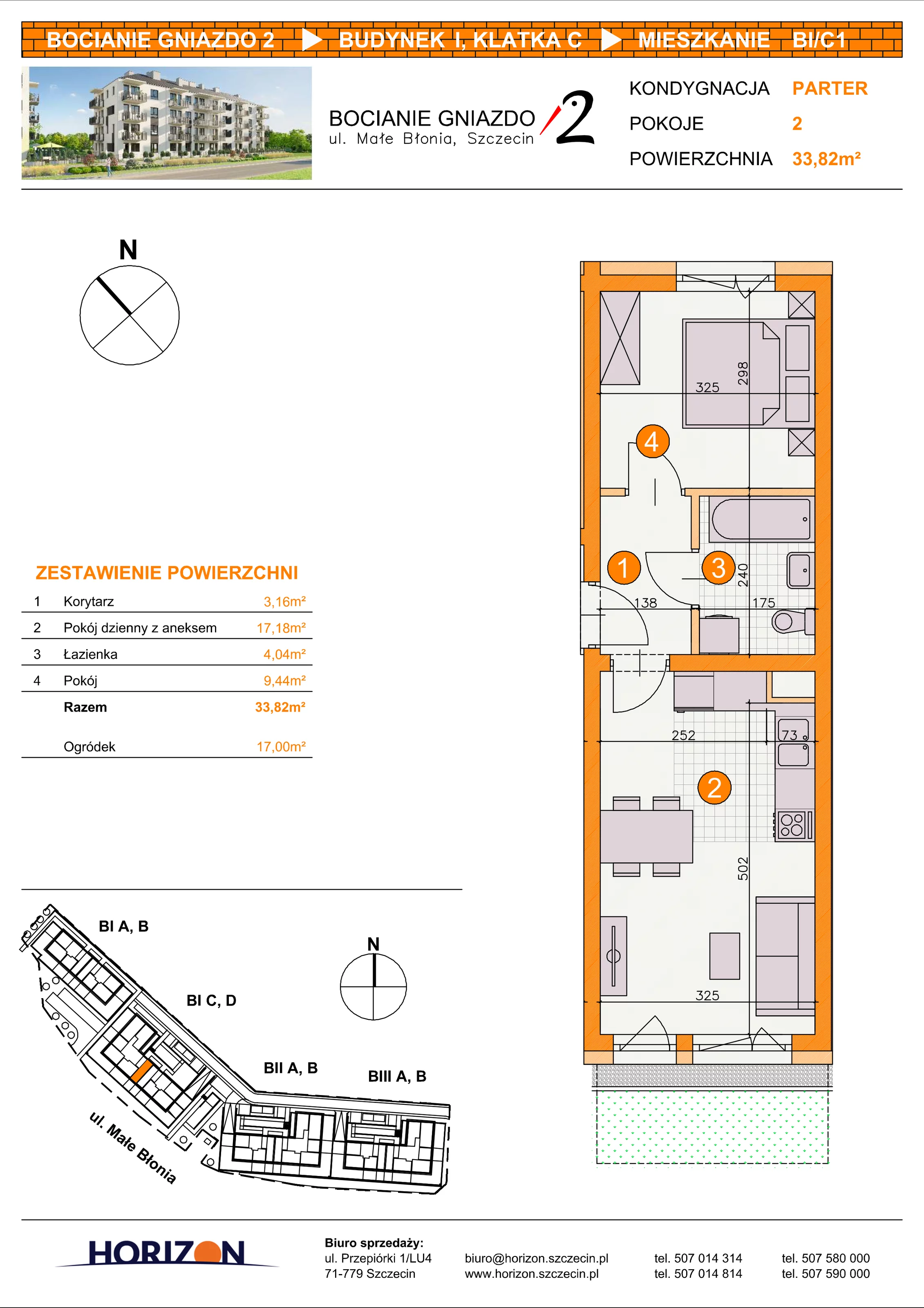 2 pokoje, mieszkanie 33,82 m², parter, oferta nr BI/C1, Bocianie Gniazdo 2, Szczecin, Północ, Żelechowa, ul. Małe Błonia